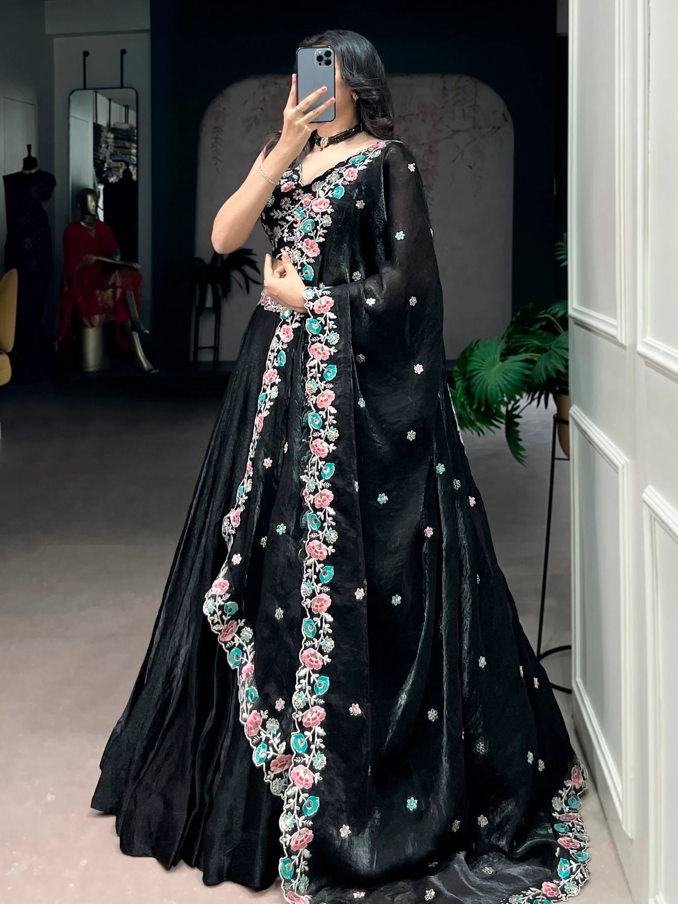 Classy Black Thread Work Organza Festive Wear Lehenga Choli