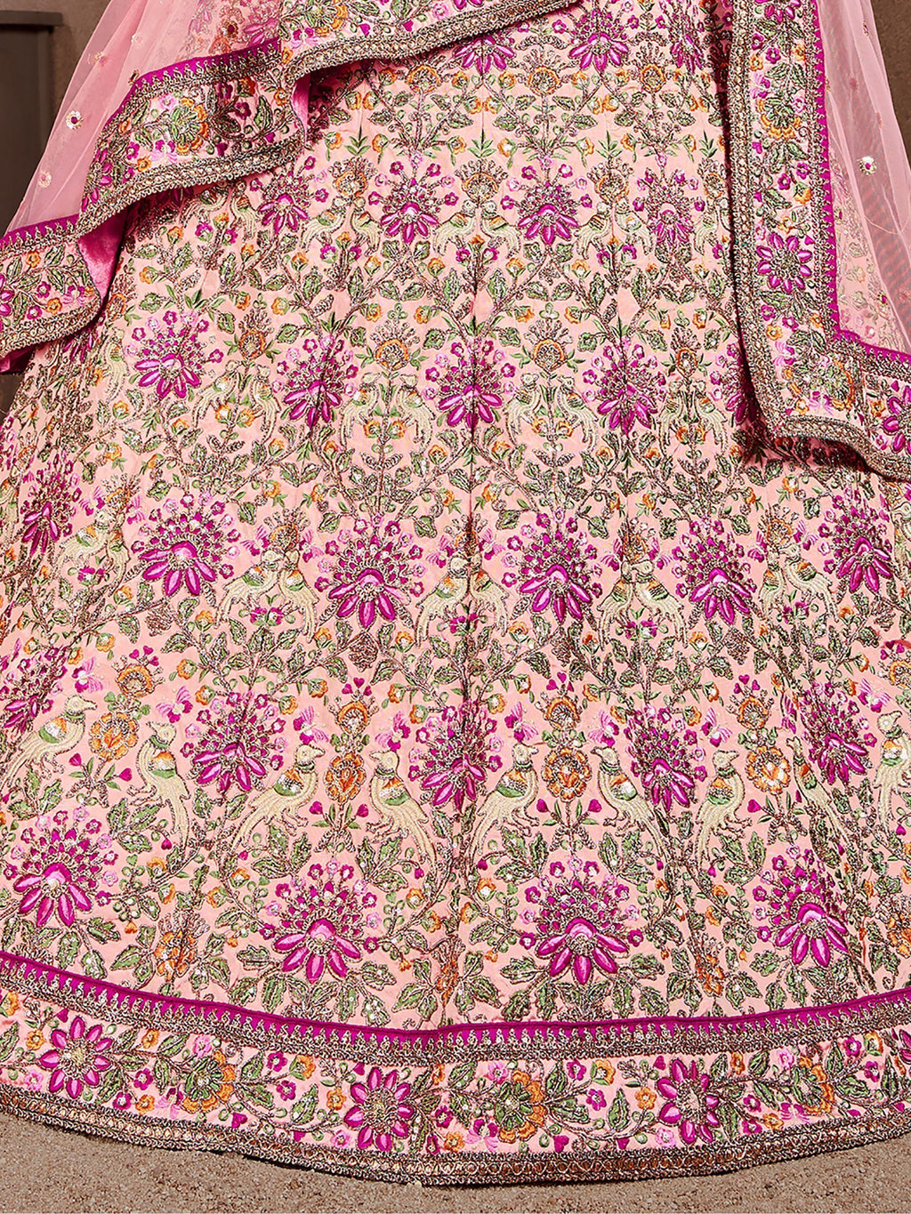 Peach Embroidered Taffeta Silk Bridal Wear Lehenga Choli