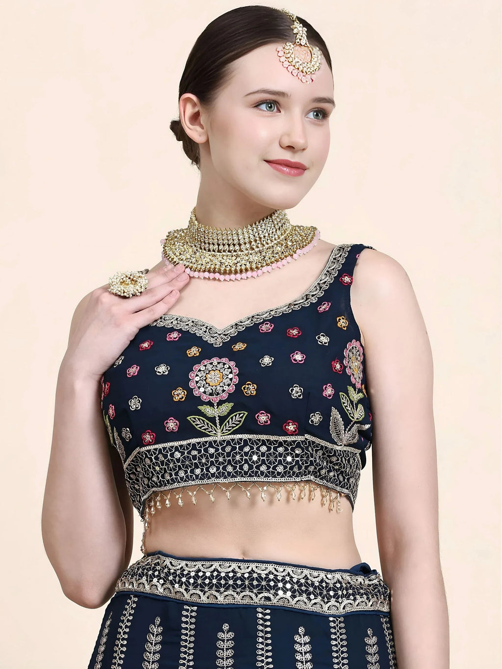 Outstanding Navy Blue Floral Embroidered Georgette Sangeet Wear Lehenga Choli