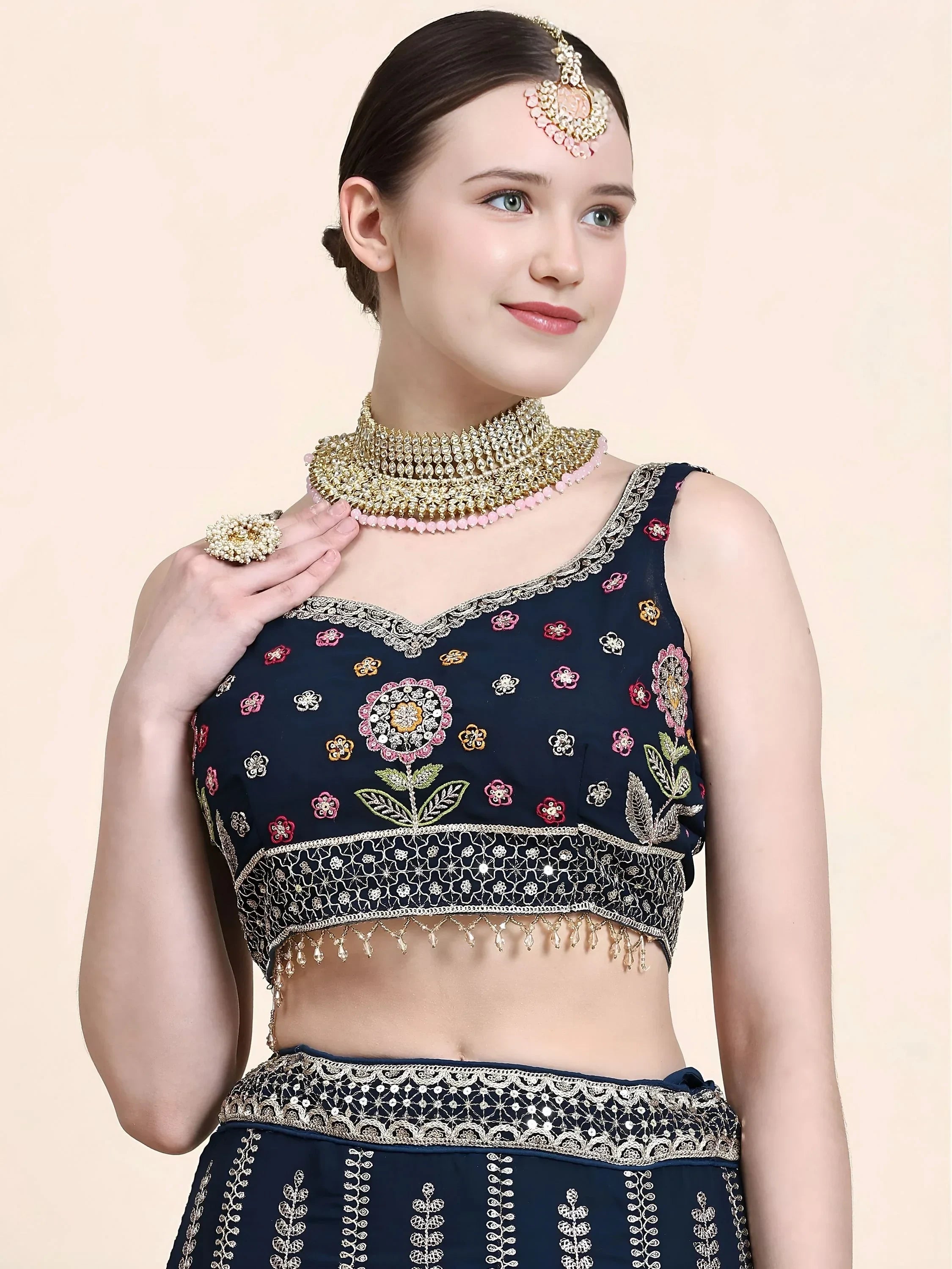Outstanding Navy Blue Floral Embroidered Georgette Sangeet Wear Lehenga Choli