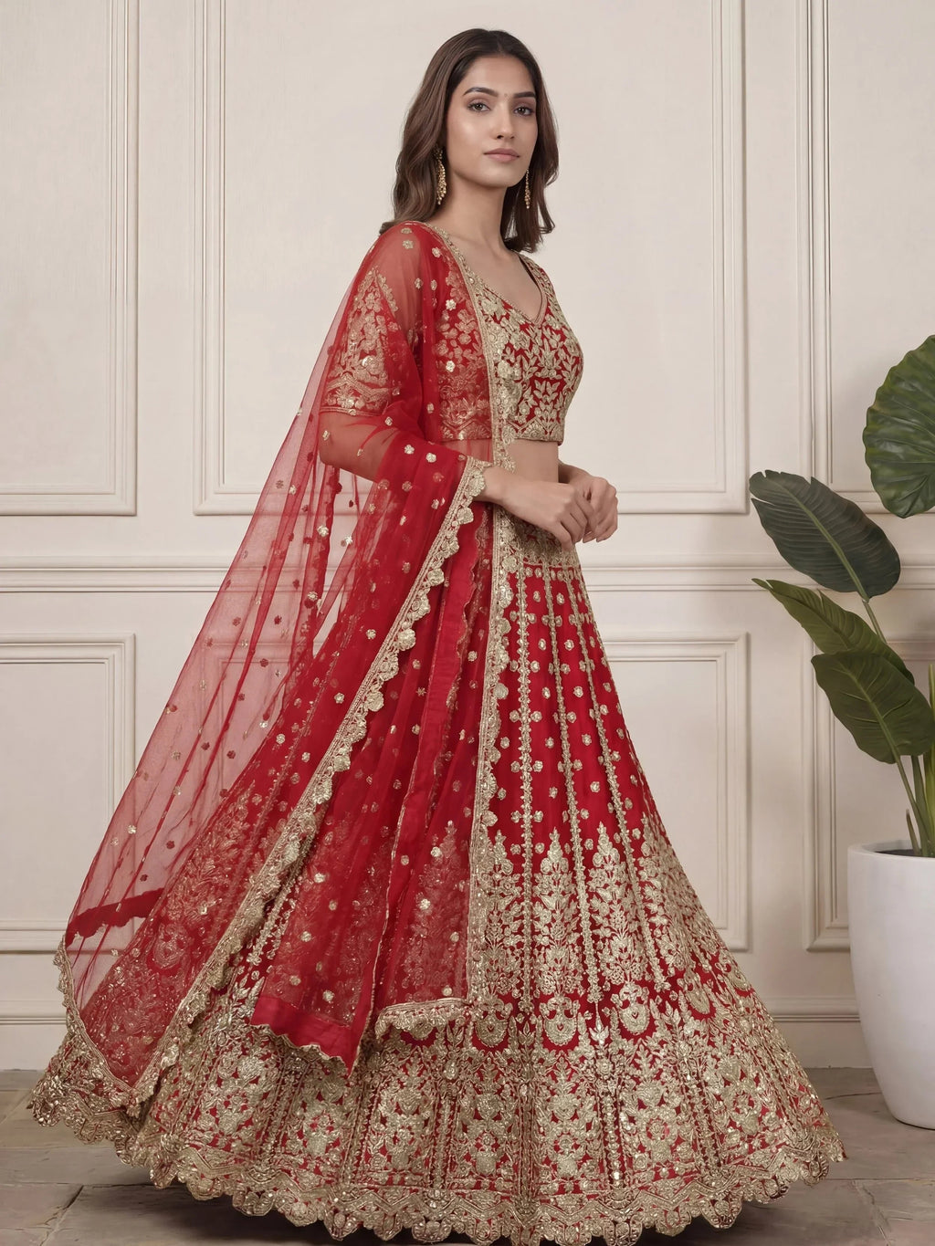 Outstanding Red Zari Embroidered Net Wedding Wear Lehenga Choli