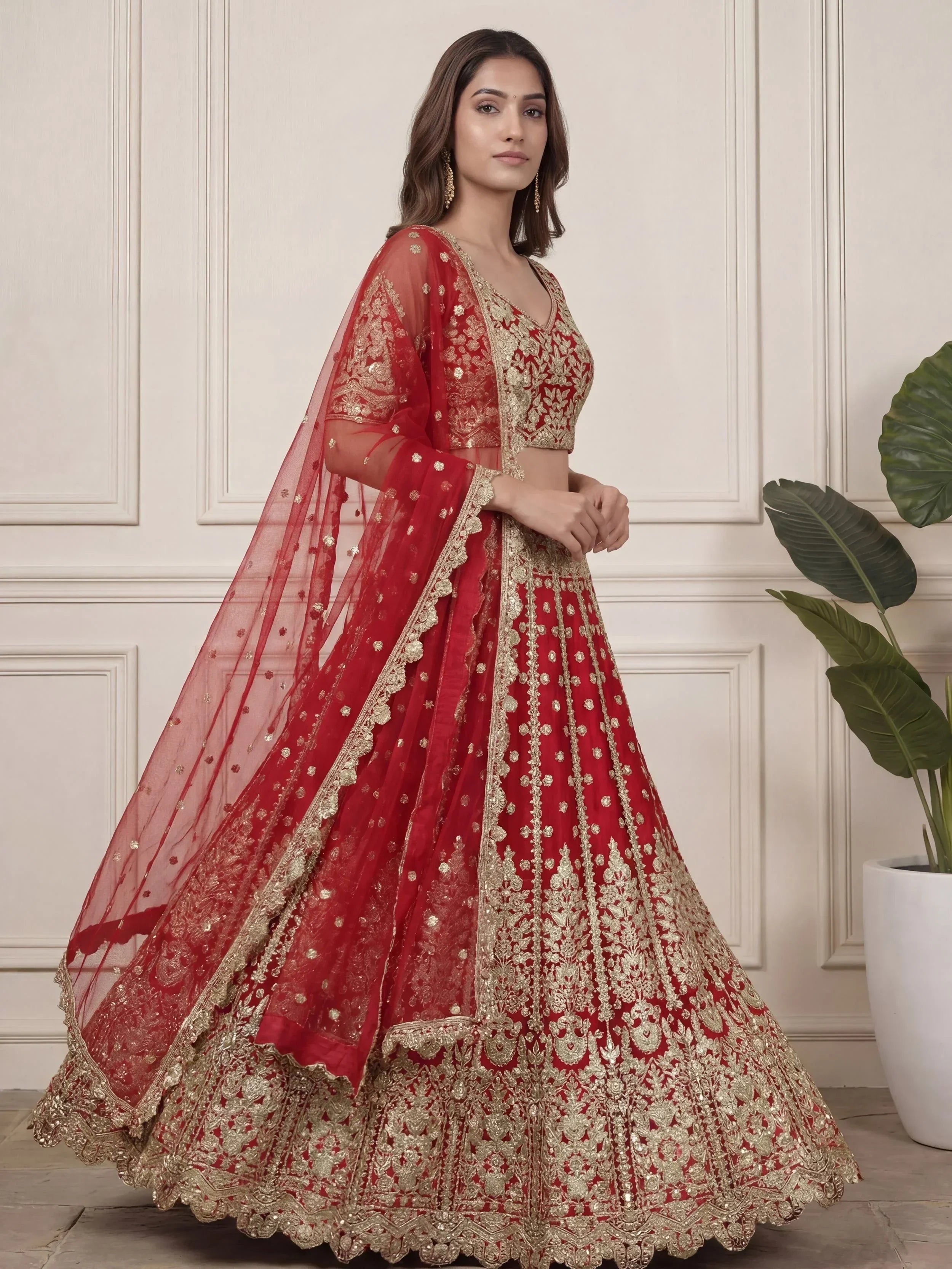 Outstanding Red Zari Embroidered Net Wedding Wear Lehenga Choli