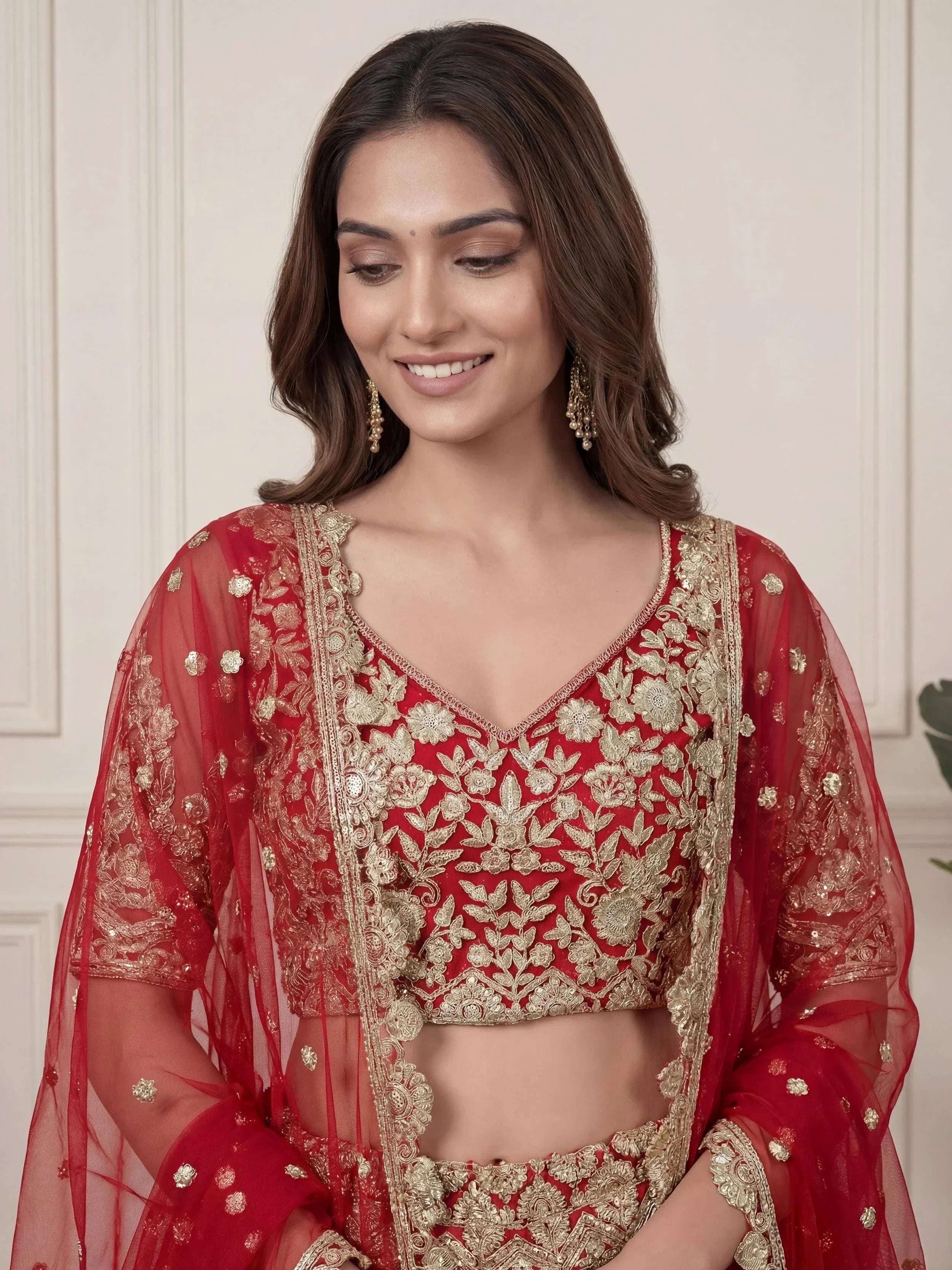 Outstanding Red Zari Embroidered Net Wedding Wear Lehenga Choli