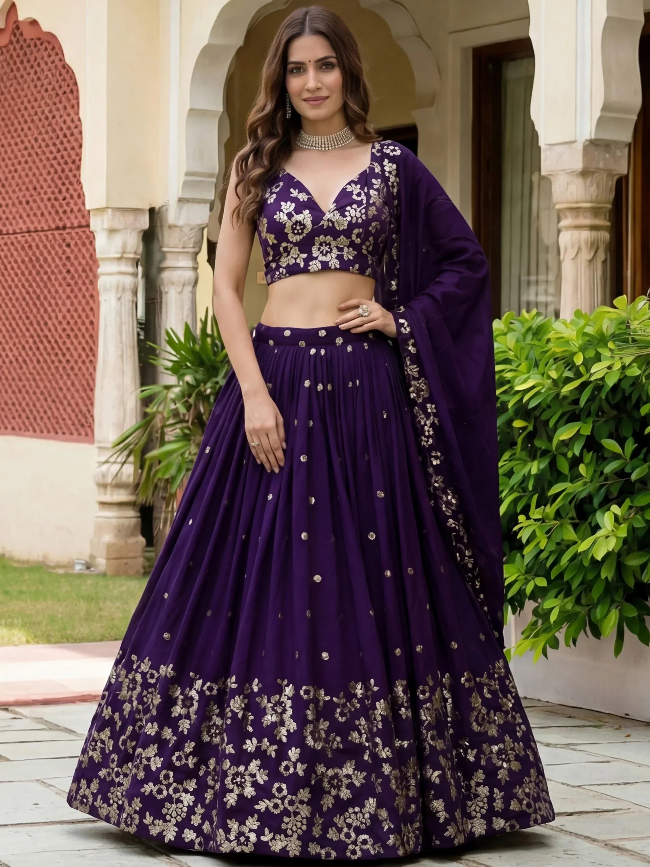 Outstanding Purple Sequins Georgette Wedding Wear Lehenga Choli