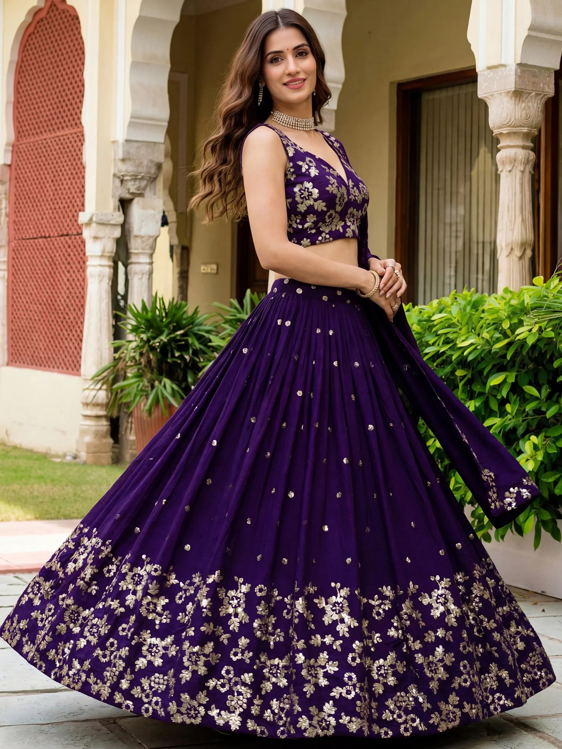 Outstanding Purple Sequins Georgette Wedding Wear Lehenga Choli