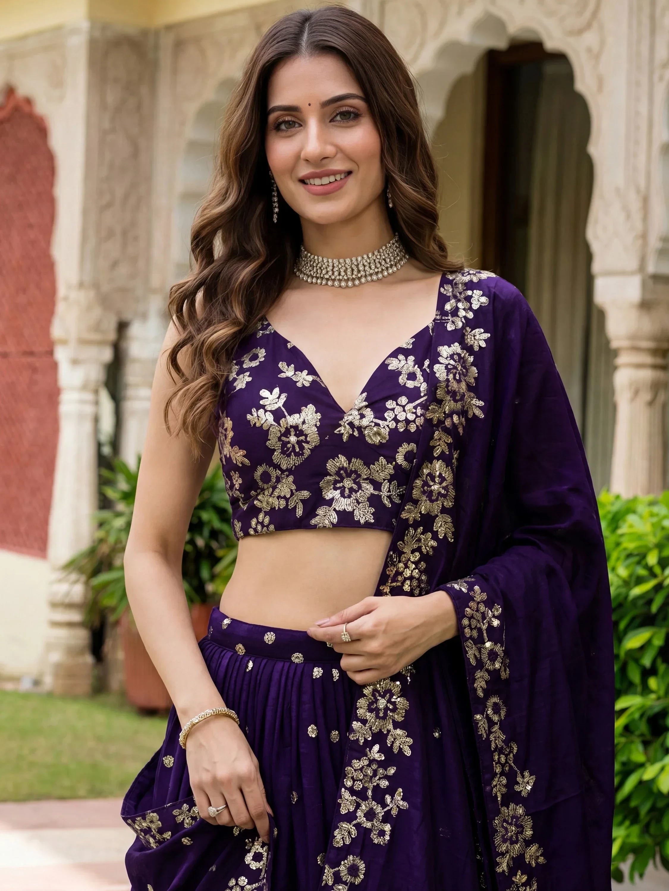 Outstanding Purple Sequins Georgette Wedding Wear Lehenga Choli