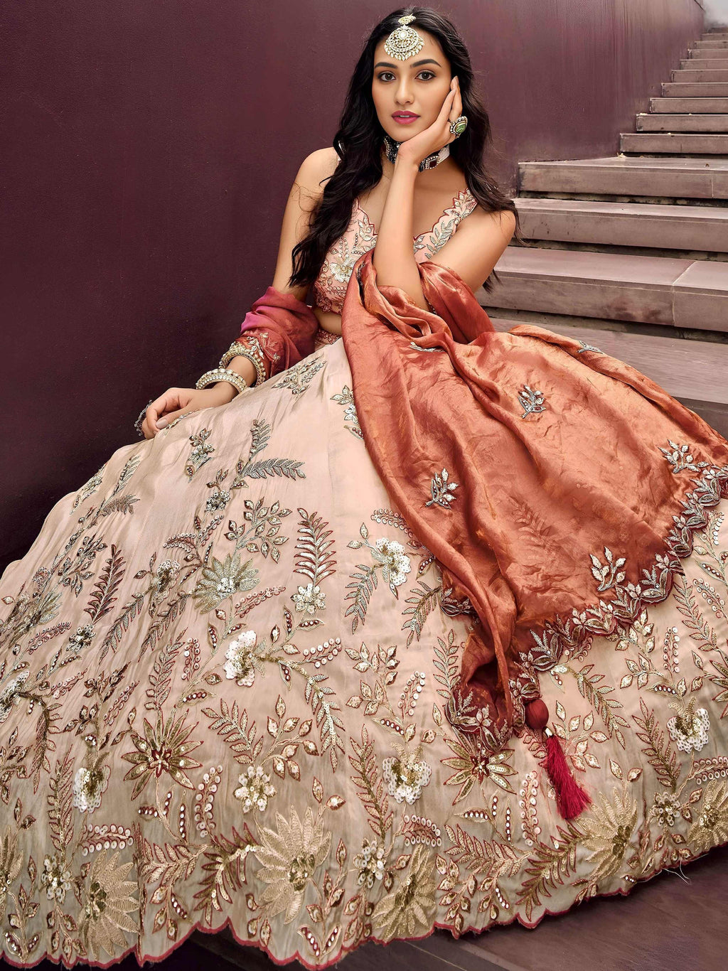 Outstanding Soft Beige Embroidered Silk Wedding Wear Lehenga Choli