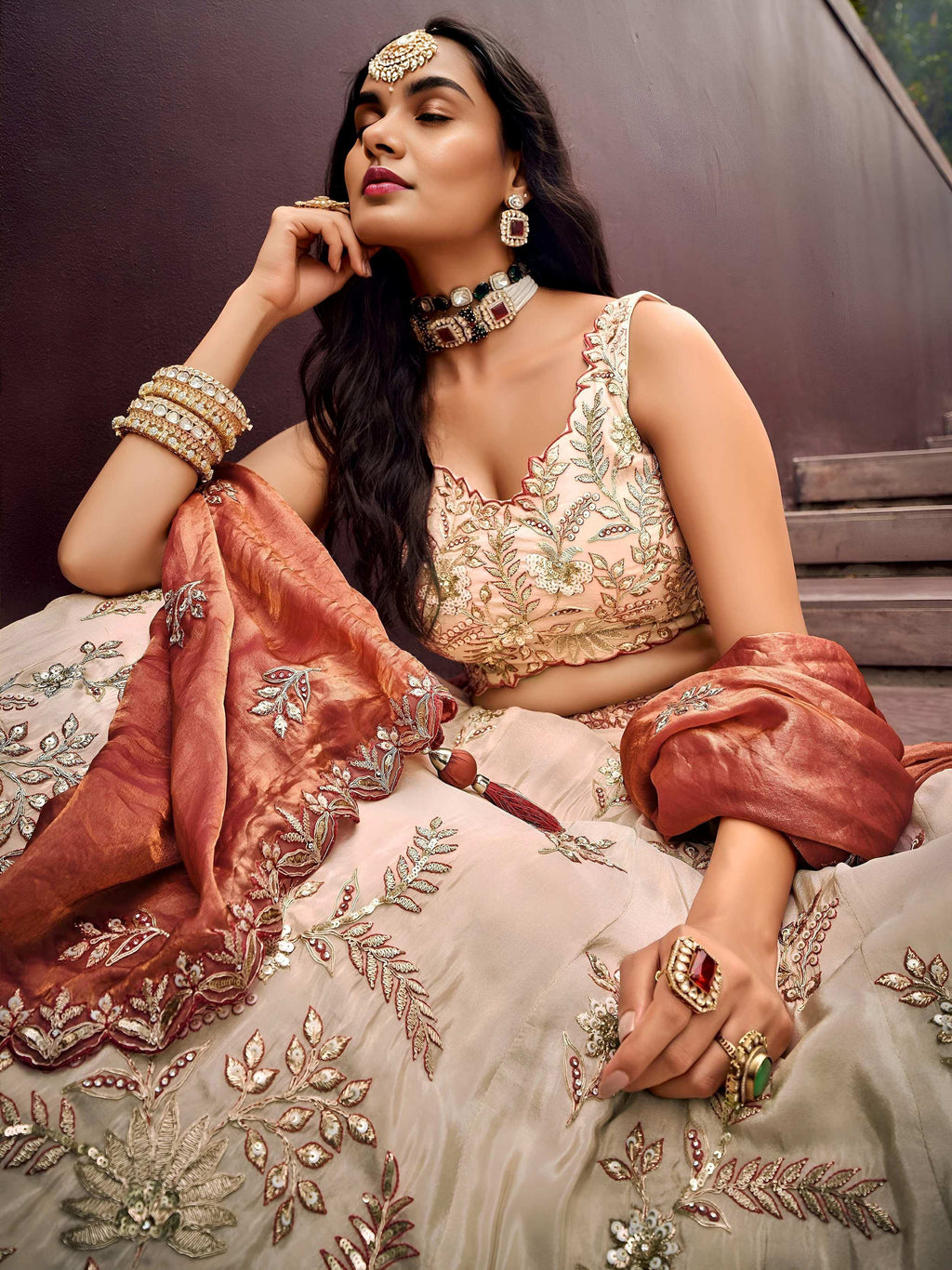 Outstanding Soft Beige Embroidered Silk Wedding Wear Lehenga Choli