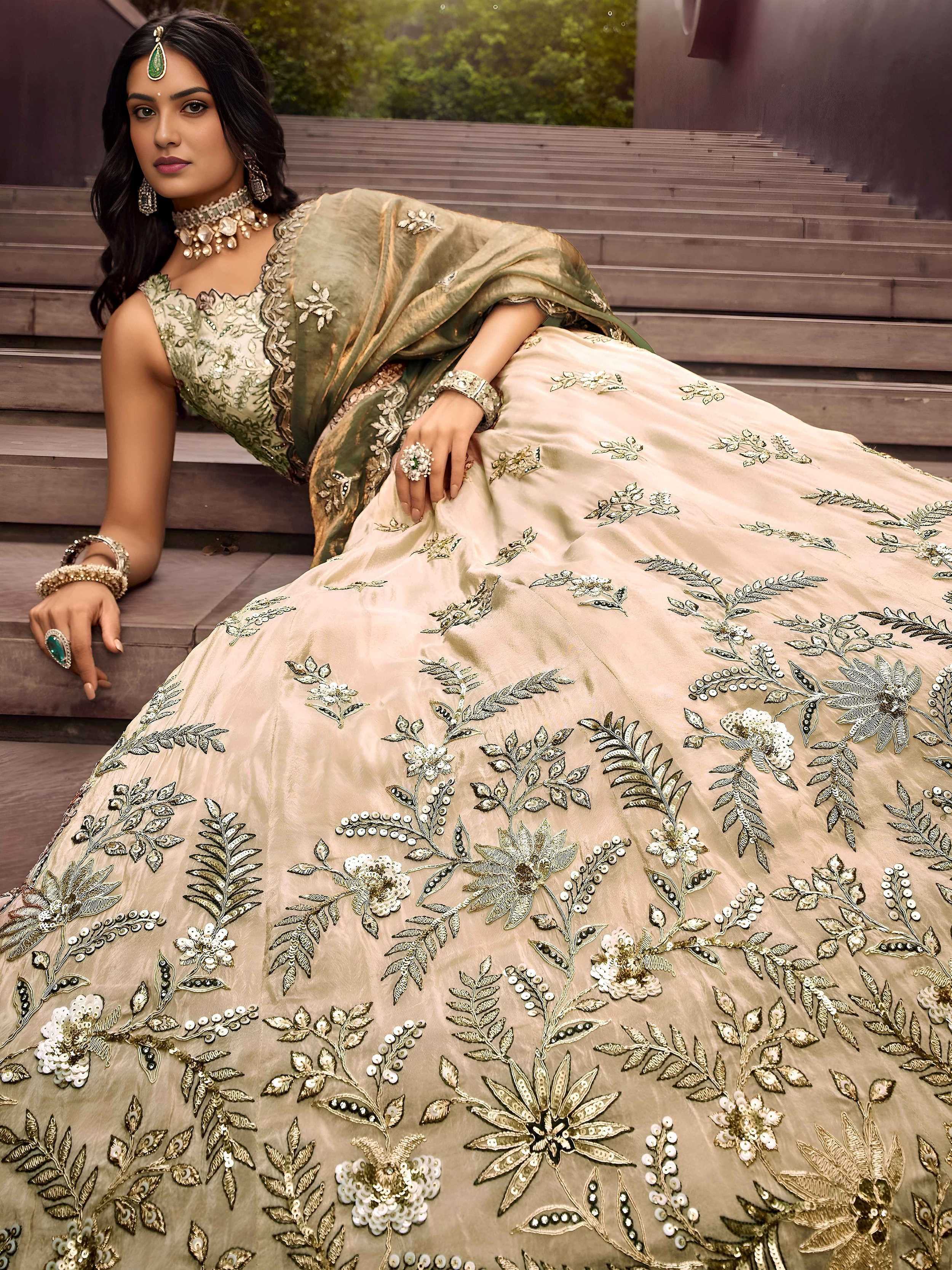 Precious Soft Beige Embroidered Silk Wedding Wear Lehenga Choli
