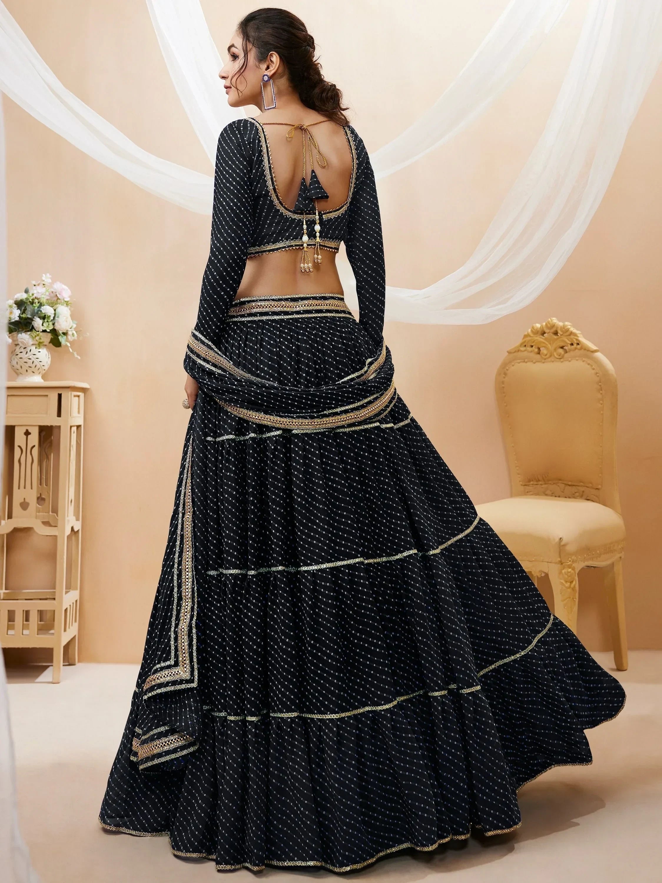 Wonderful Black Leheriya Printed Georgette Party Wear Lehenga Choli