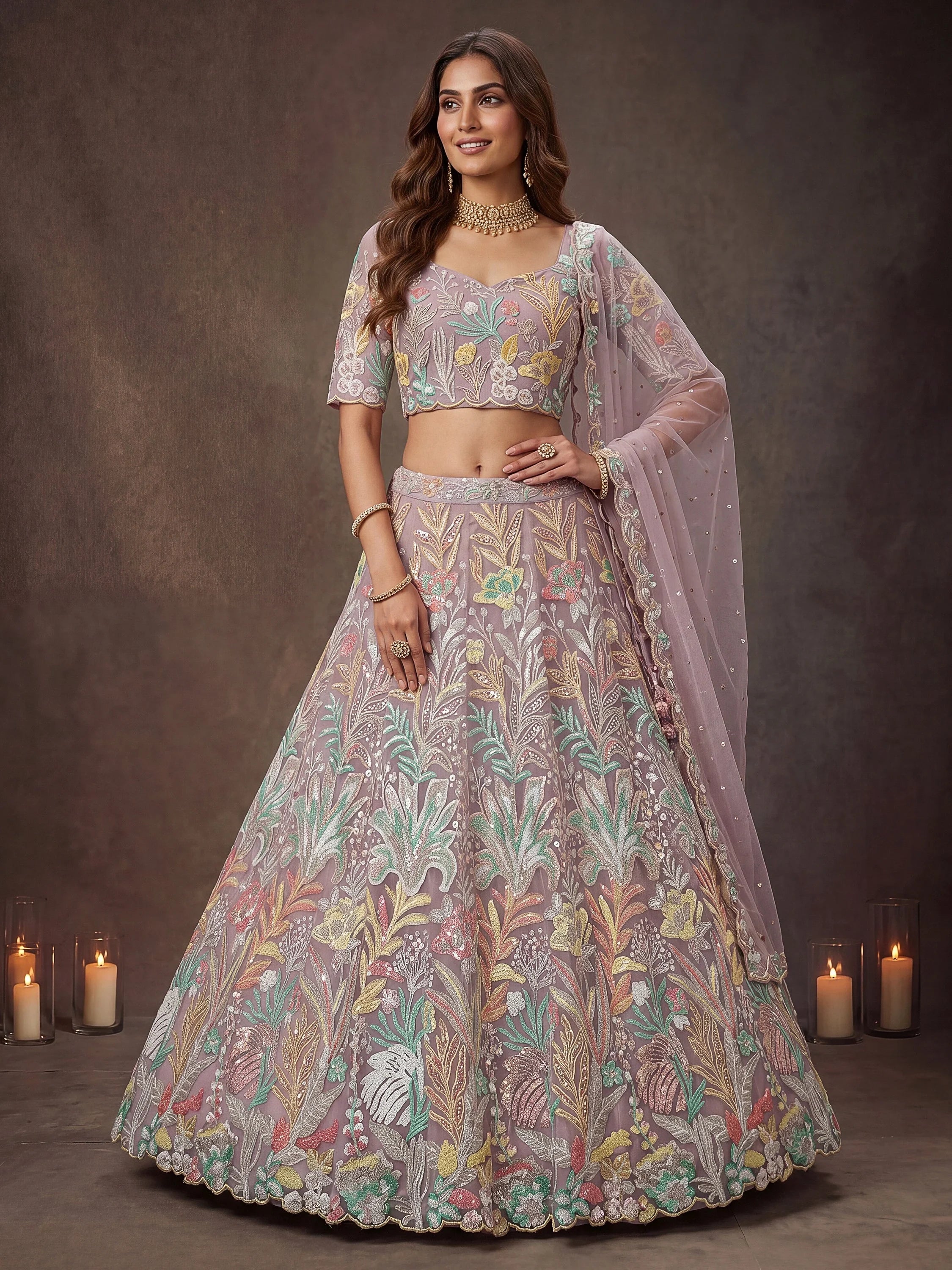 Dazzling Lavender Sequins Net Wedding Wear Lehenga Choli