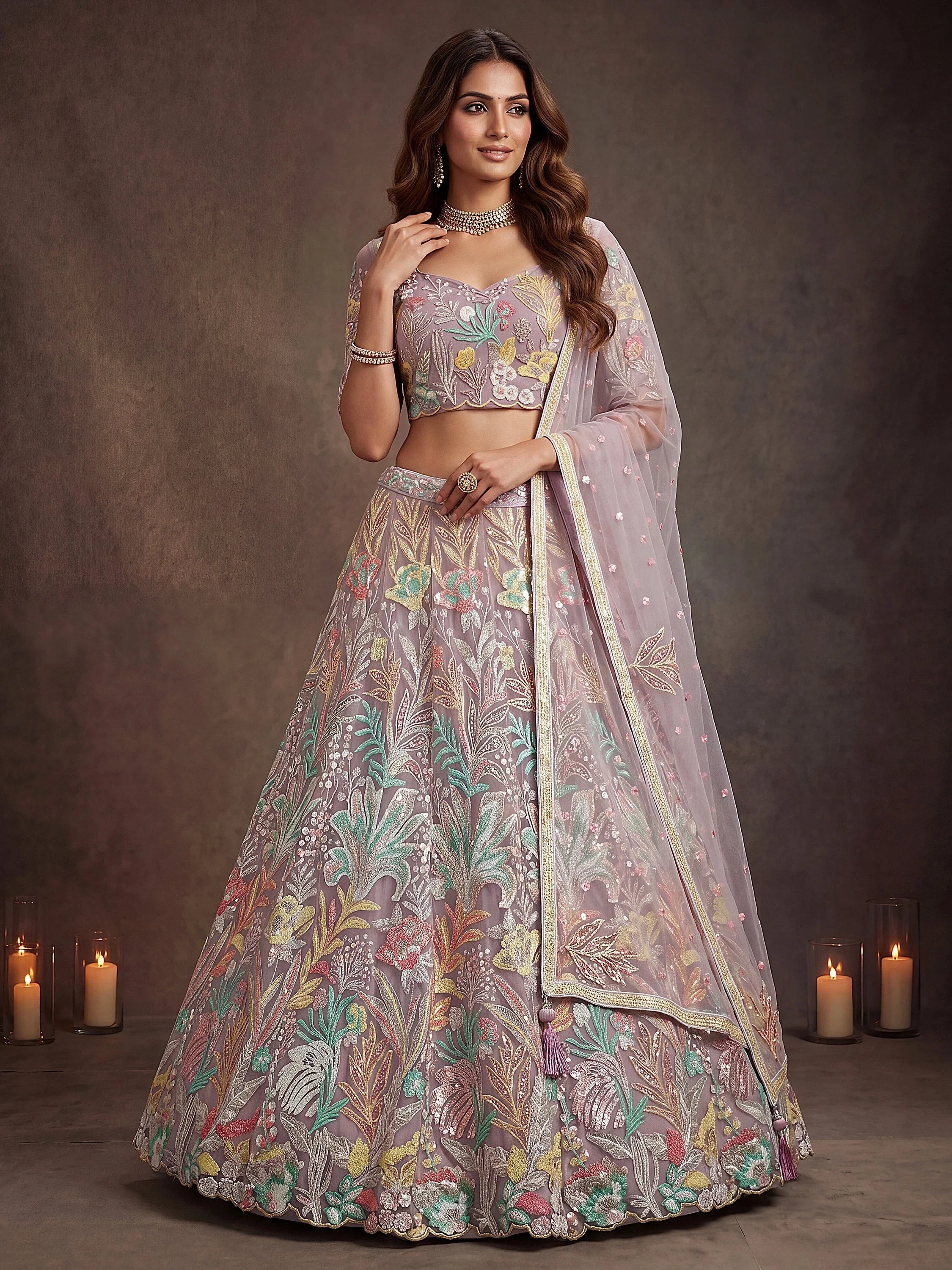 Dazzling Lavender Sequins Net Wedding Wear Lehenga Choli