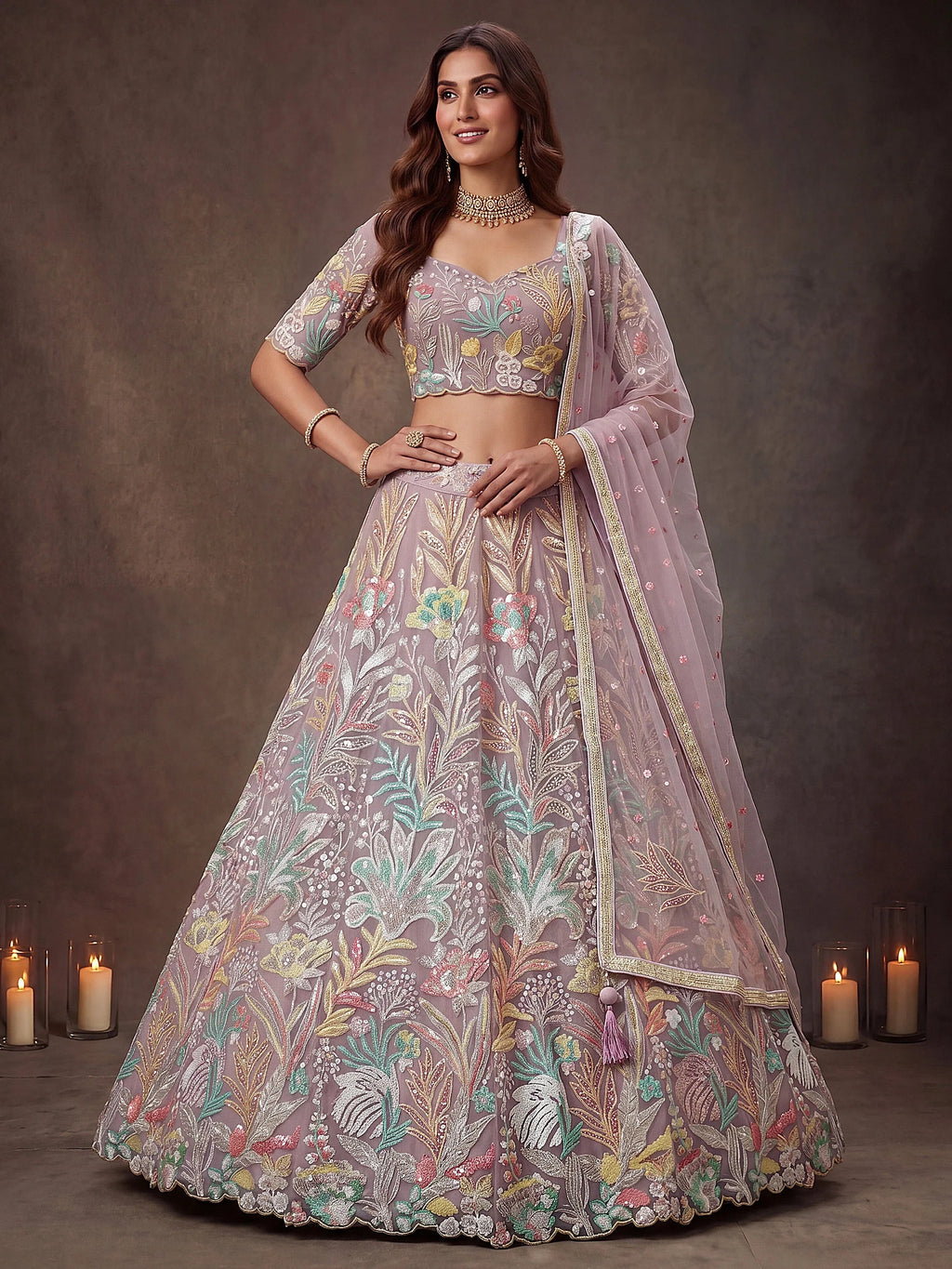 Dazzling Lavender Sequins Net Wedding Wear Lehenga Choli