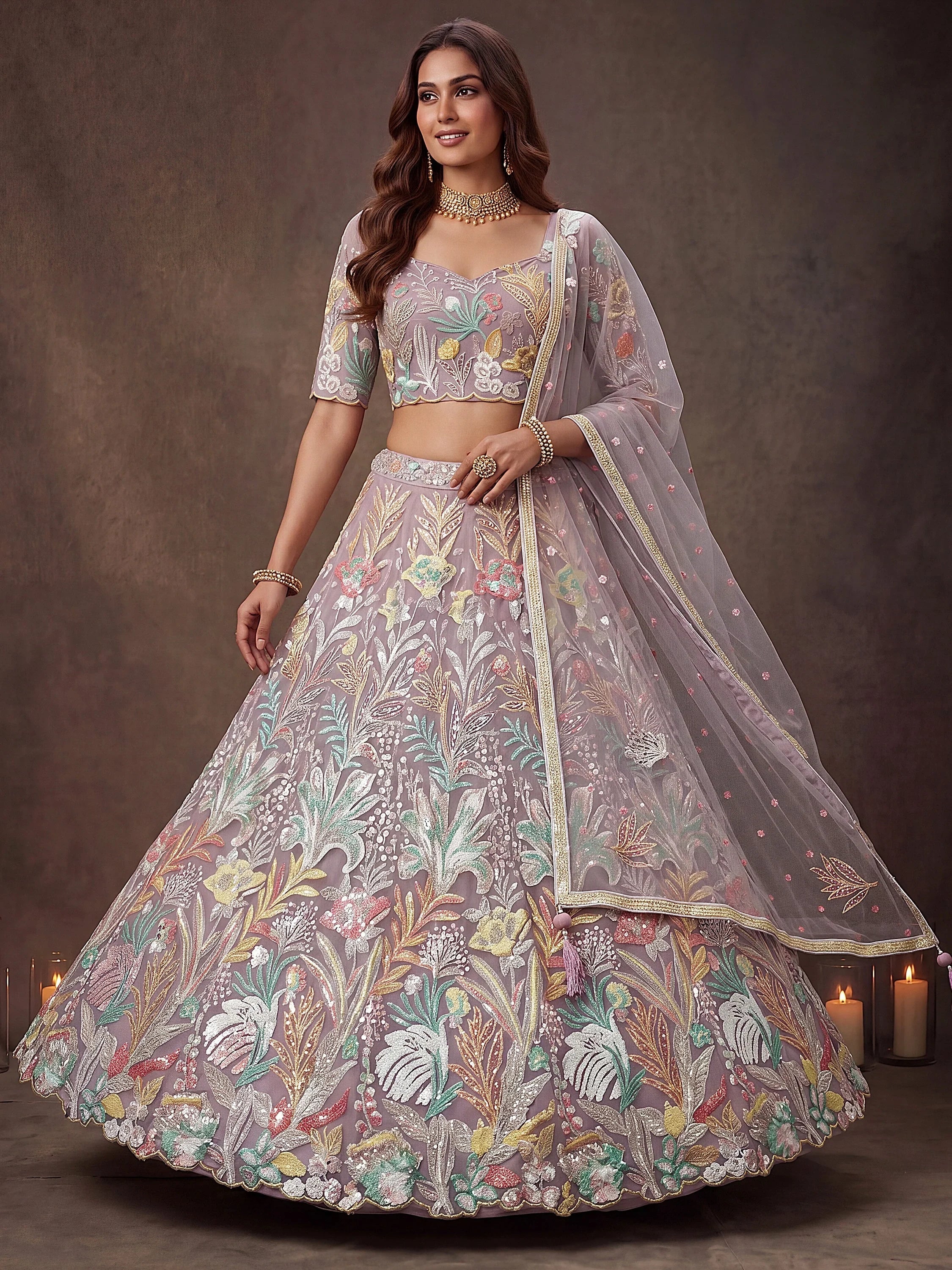 Dazzling Lavender Sequins Net Wedding Wear Lehenga Choli