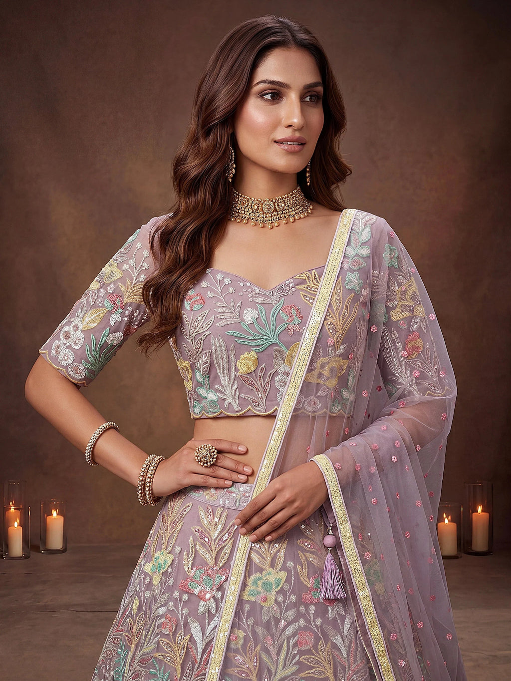 Dazzling Lavender Sequins Net Wedding Wear Lehenga Choli