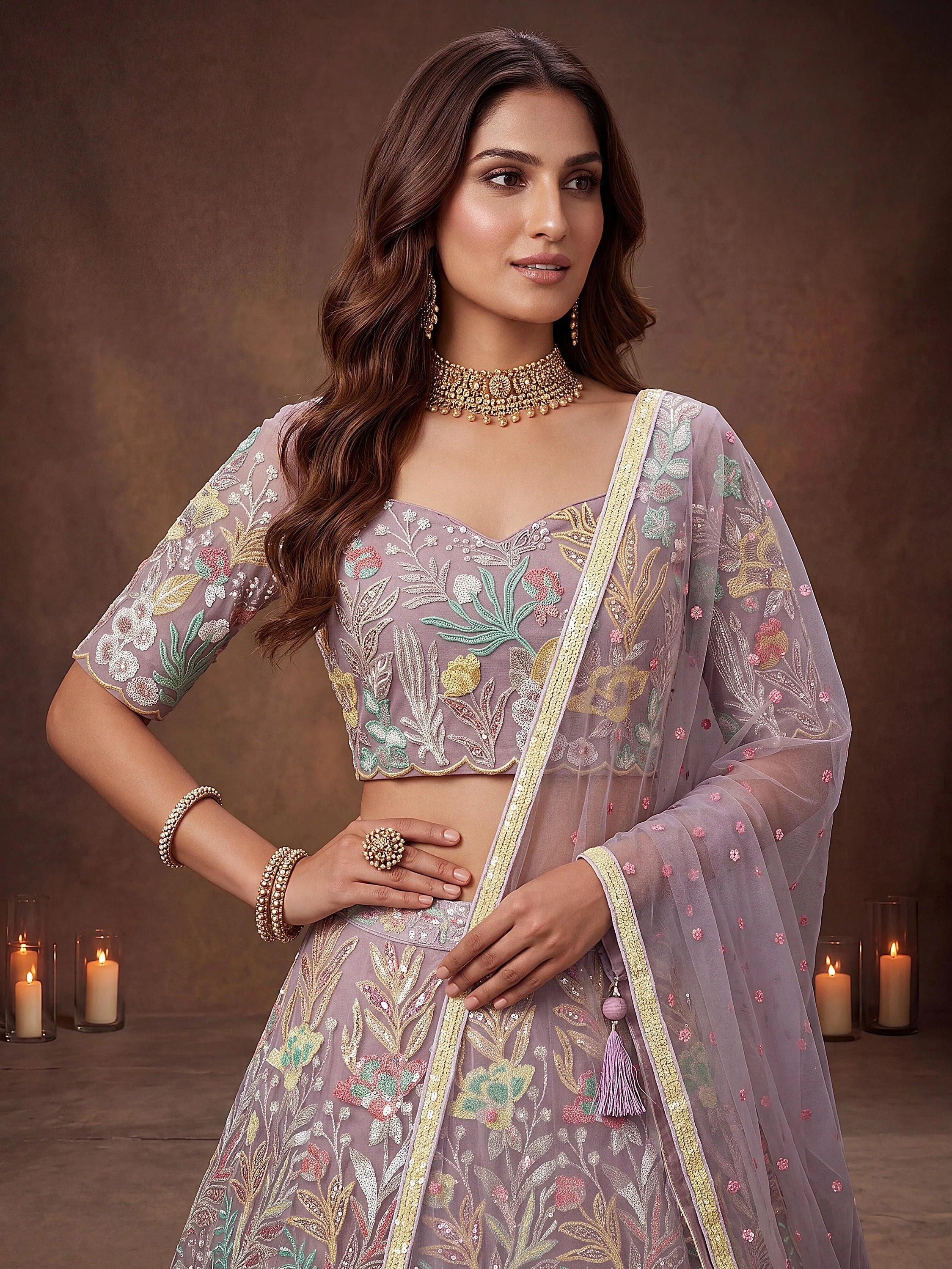 Dazzling Lavender Sequins Net Wedding Wear Lehenga Choli