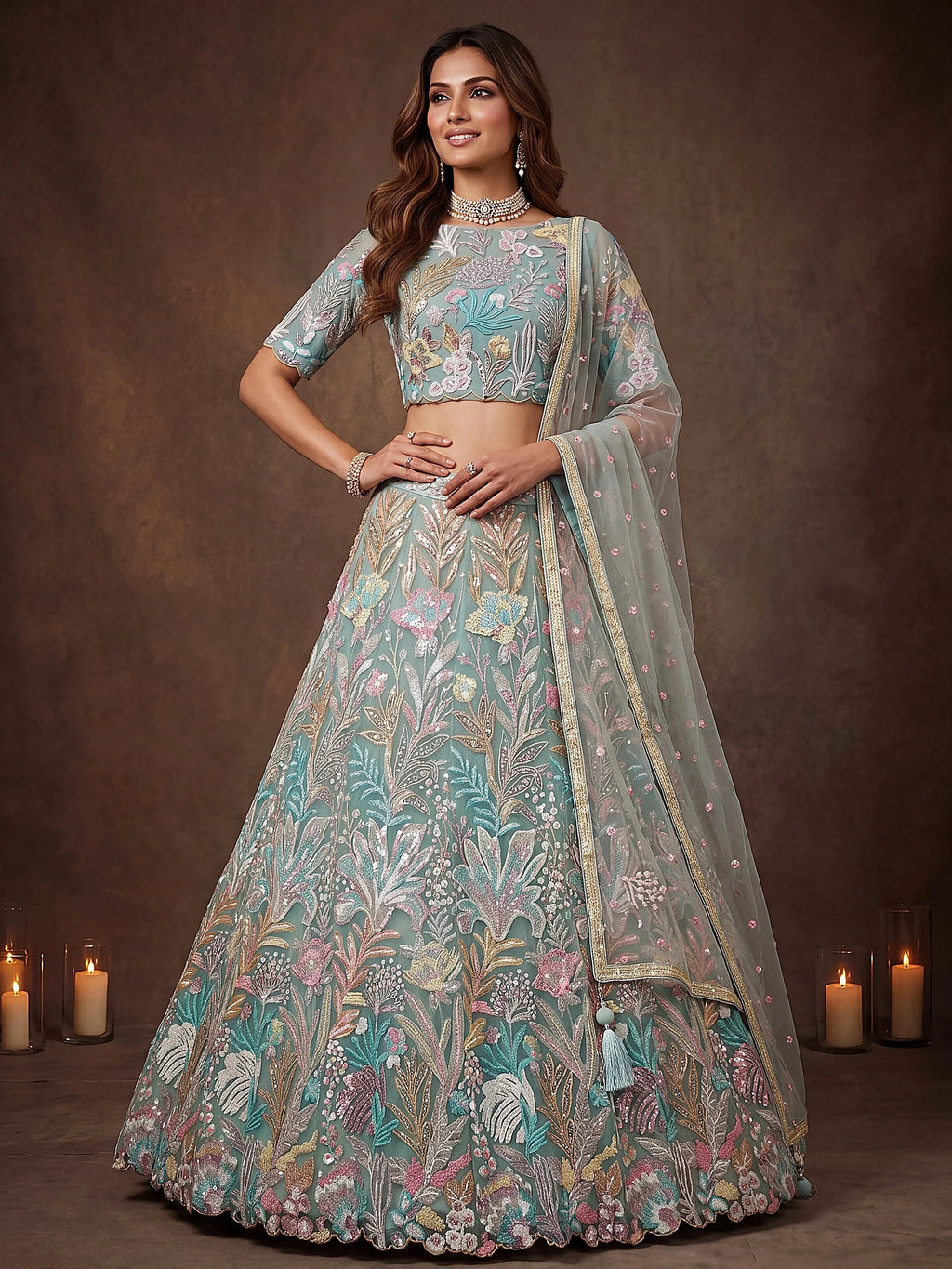 Sparkling Pista Green Embroidered Net Marriage Wear Lehenga Choli