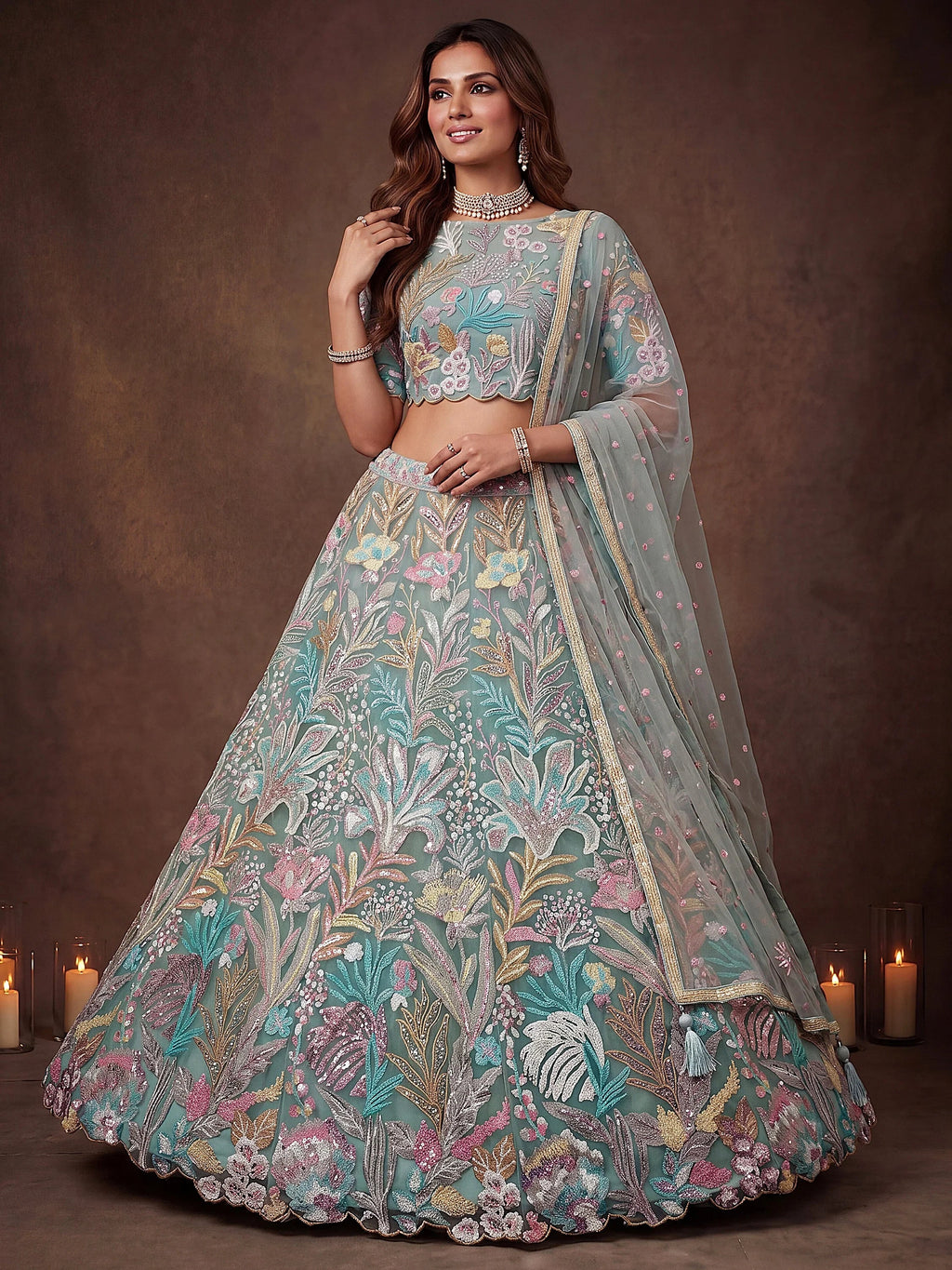 Sparkling Pista Green Embroidered Net Marriage Wear Lehenga Choli