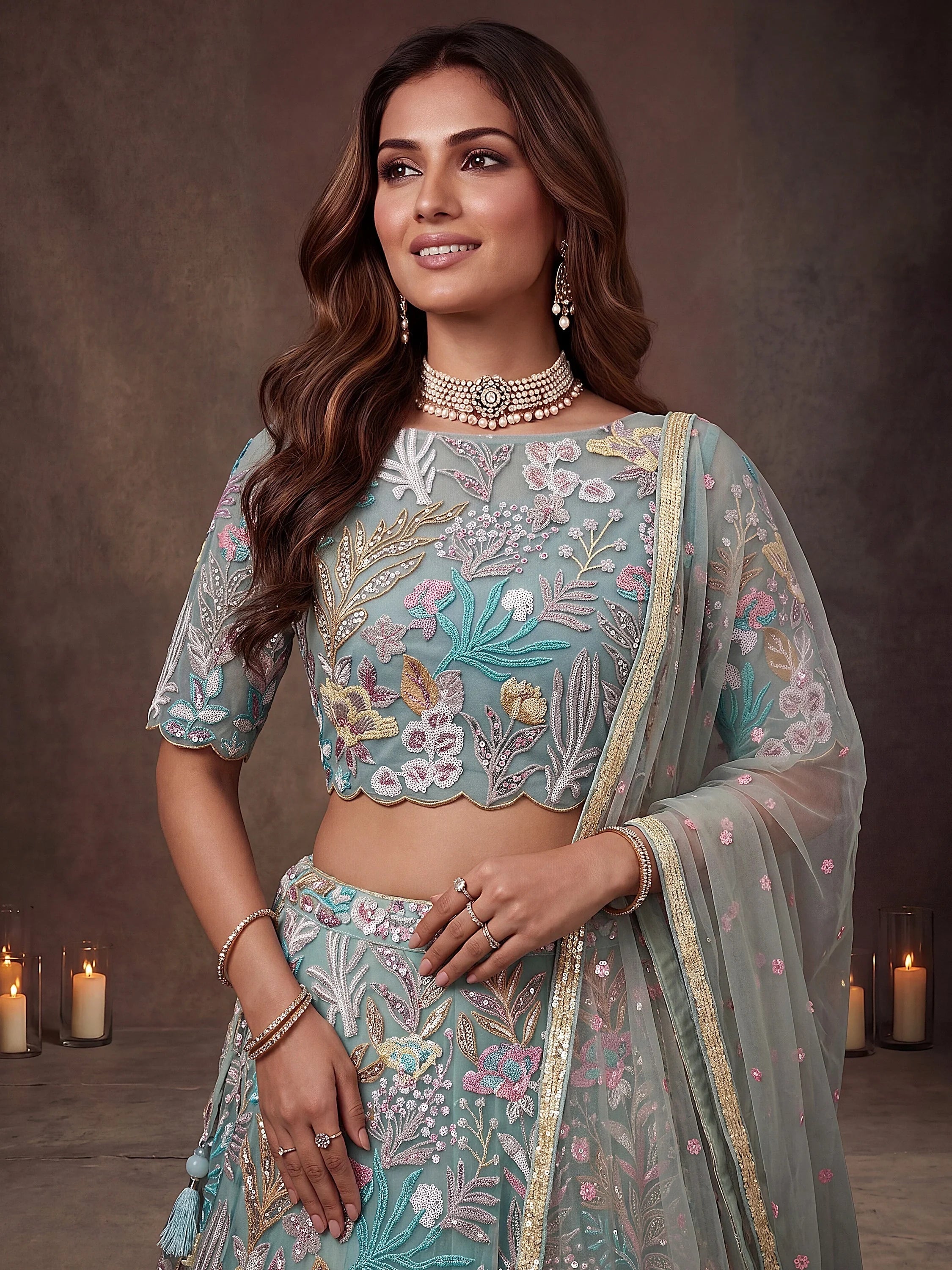 Sparkling Pista Green Embroidered Net Marriage Wear Lehenga Choli