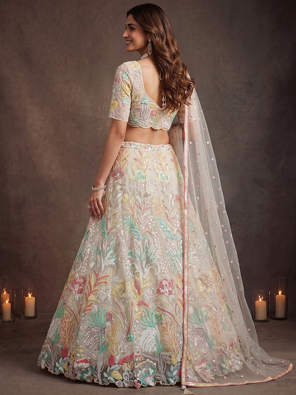 Glowing Off-White Sequins Net Engagement Wear Plus Size Lehenga Choli