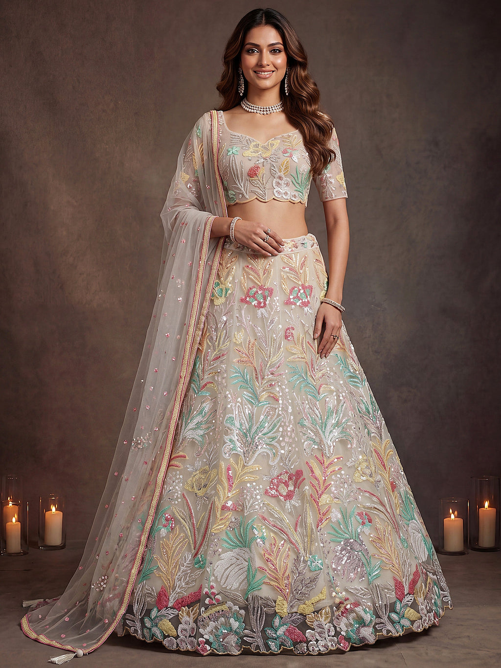 Glowing Off-White Sequins Net Engagement Wear Plus Size Lehenga Choli