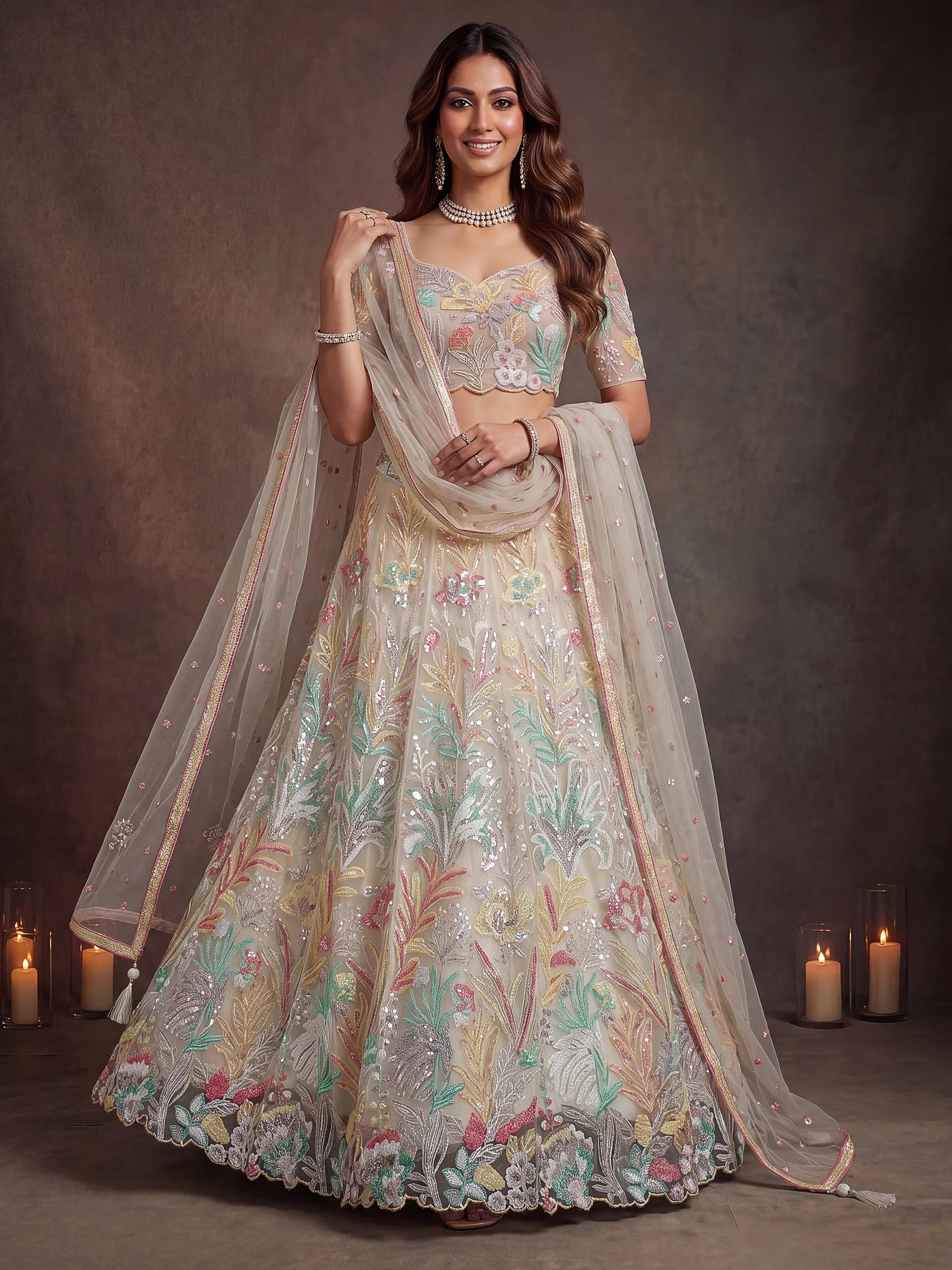 Majestic Off-White Sequins Net Party Wear Lehenga Choli
