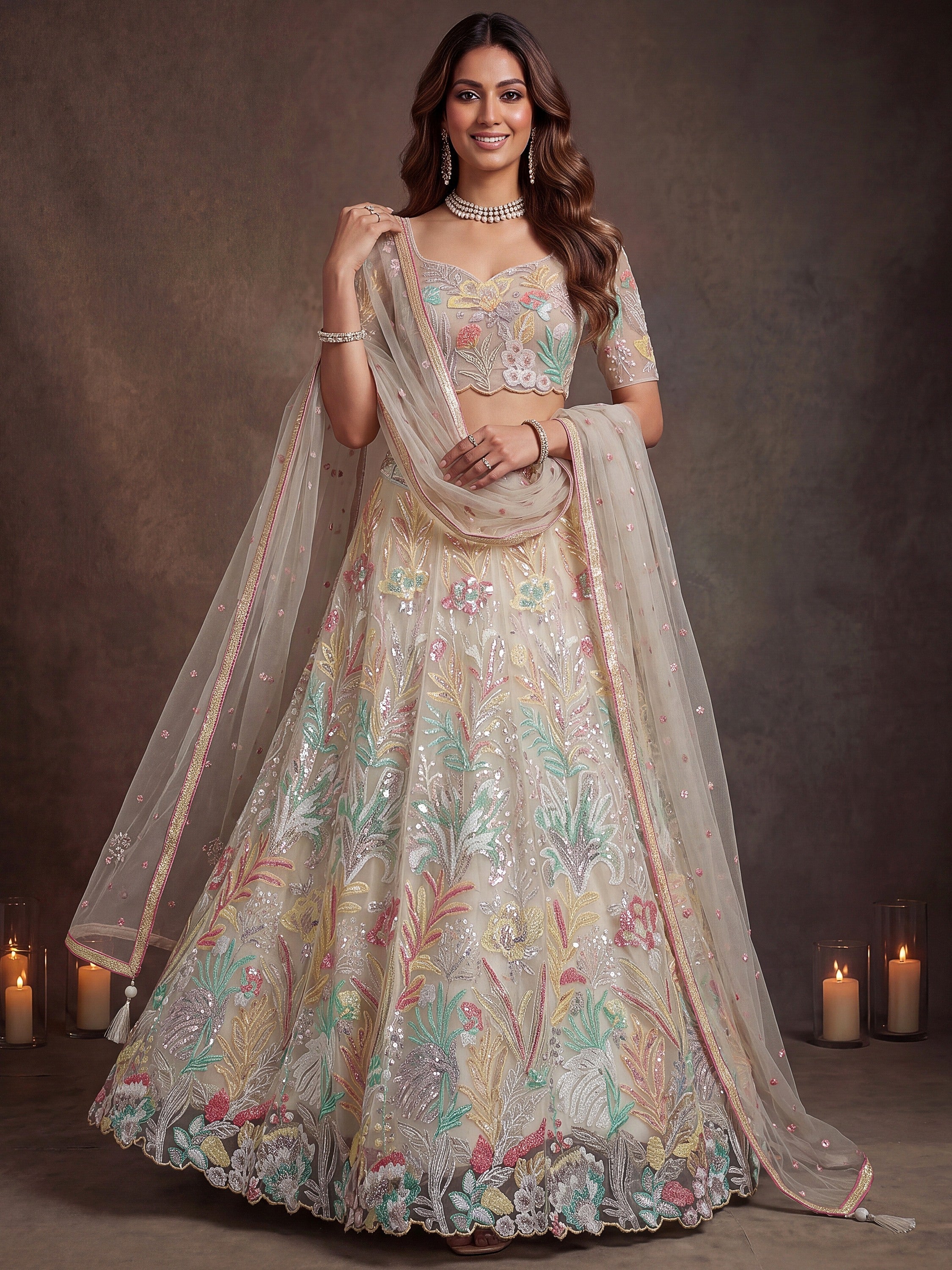 Glowing Off-White Sequins Net Engagement Wear Plus Size Lehenga Choli