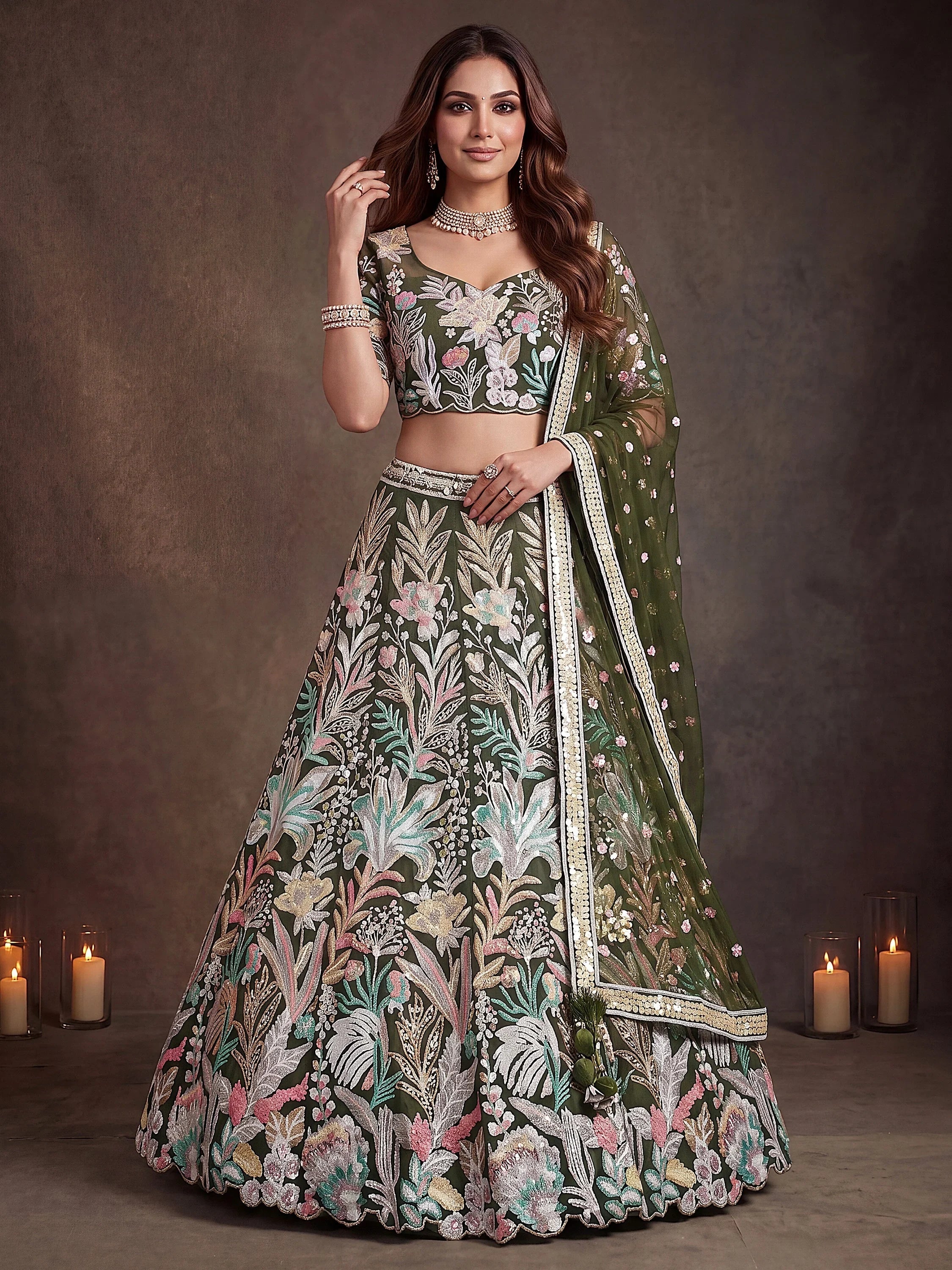Adorning Green Sequins Net Reception Wear Lehenga Choli with Dupatta