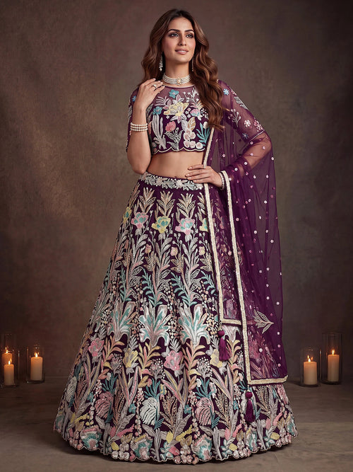 Awesome Wine Sequins Net Reception Wear Lehenga Choli with Dupatta