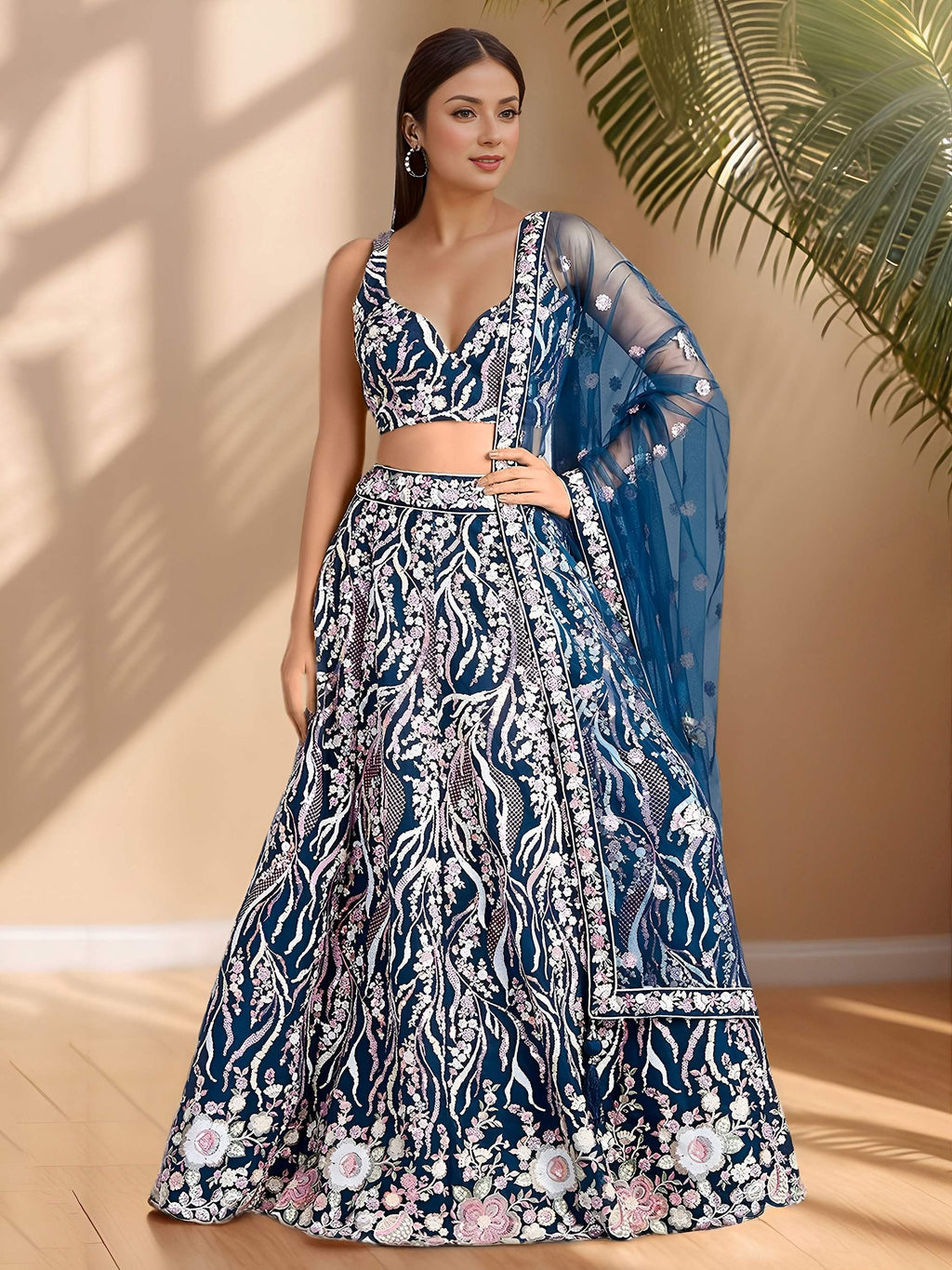 Blue Astonishing Sequins Net Party Wear Lehenga Choli With Dupatta