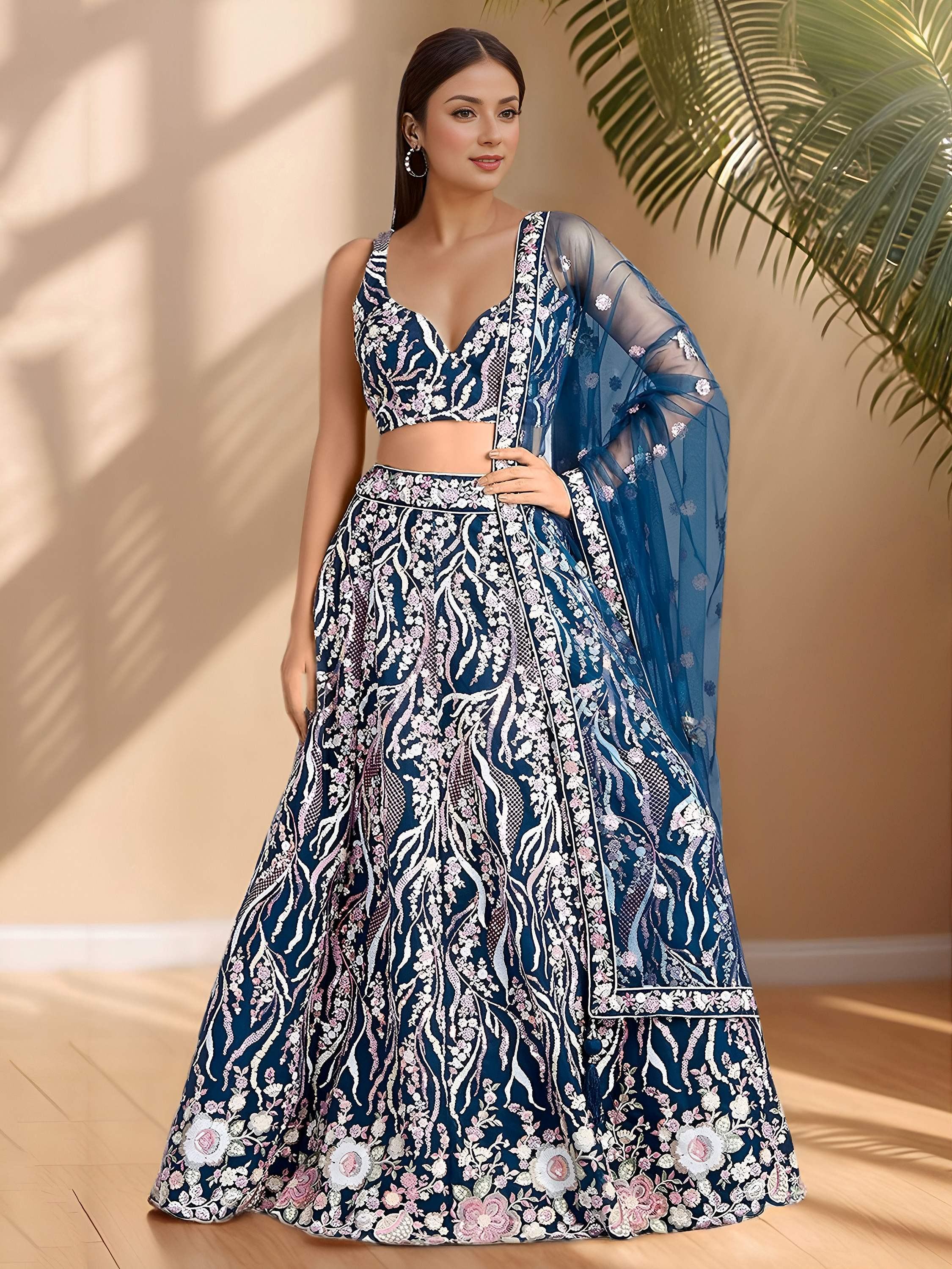 Blue Astonishing Sequins Net Party Wear Lehenga Choli With Dupatta