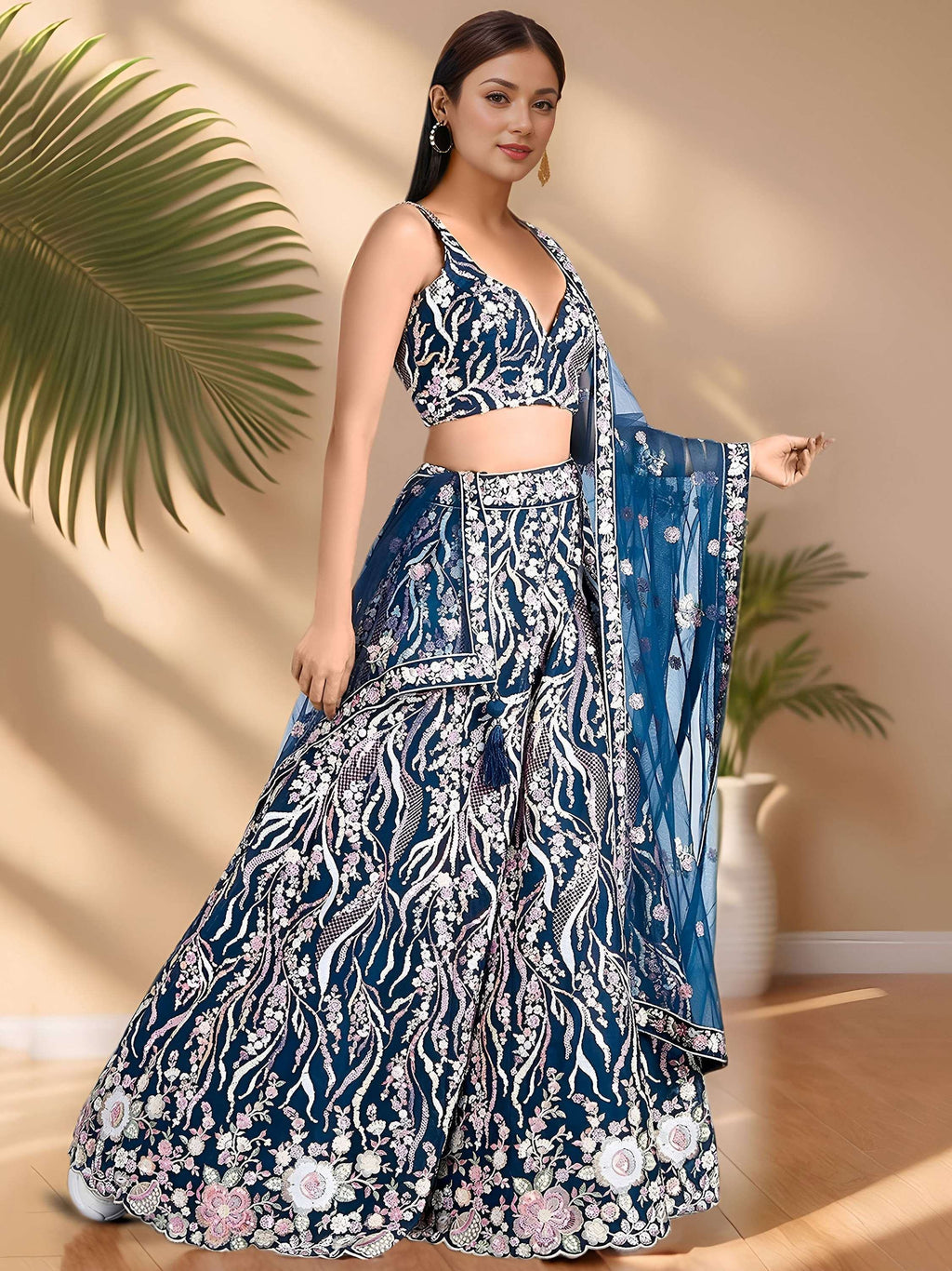 Blue Astonishing Sequins Net Party Wear Lehenga Choli With Dupatta