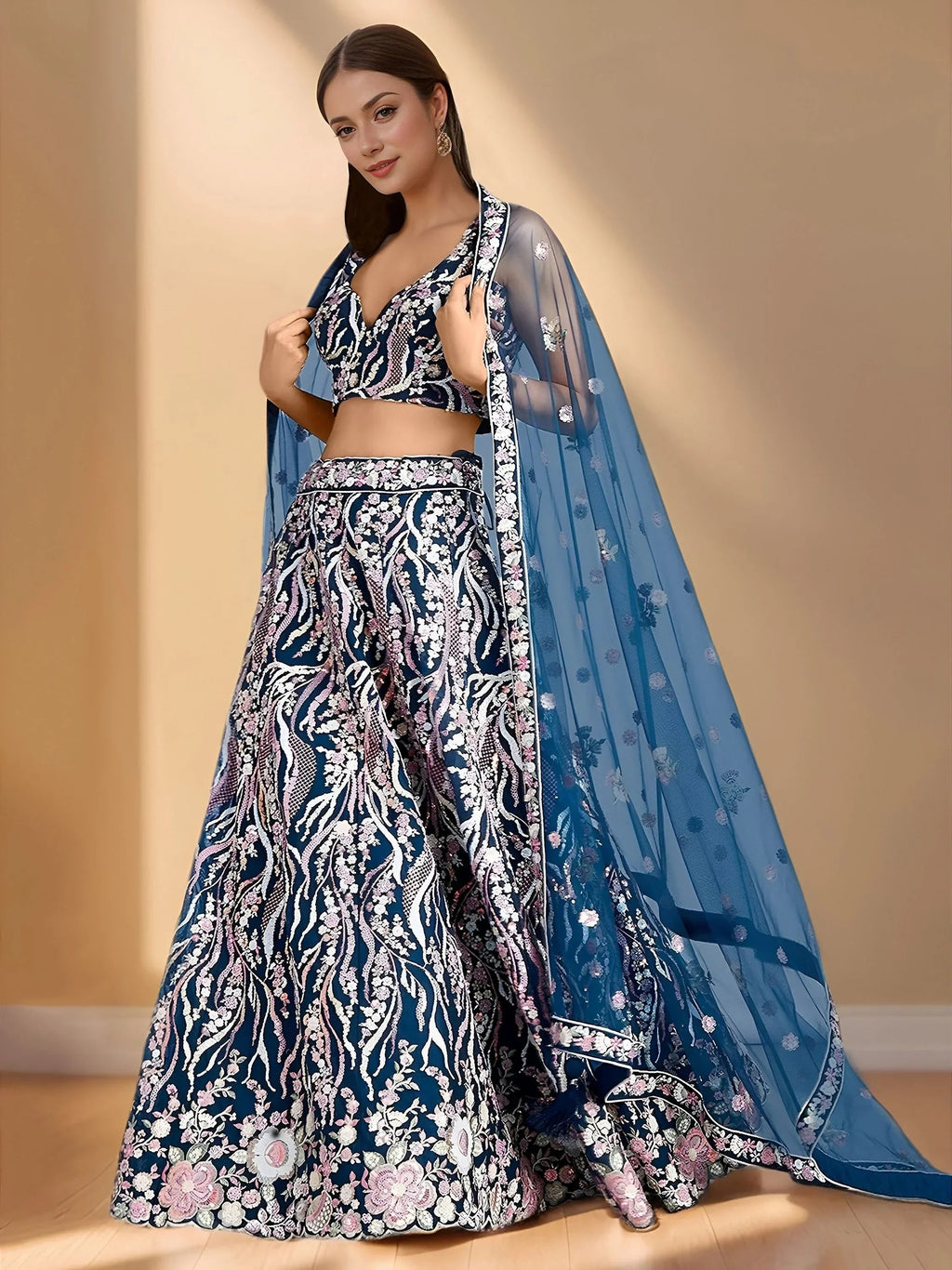 Blue Astonishing Sequins Net Party Wear Lehenga Choli With Dupatta