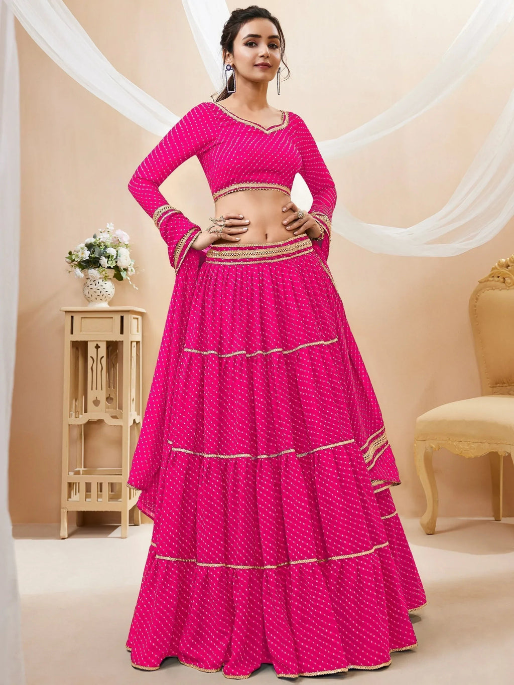 Fabulous Pink Leheriya Printed Georgette Function Wear Lehenga Choli