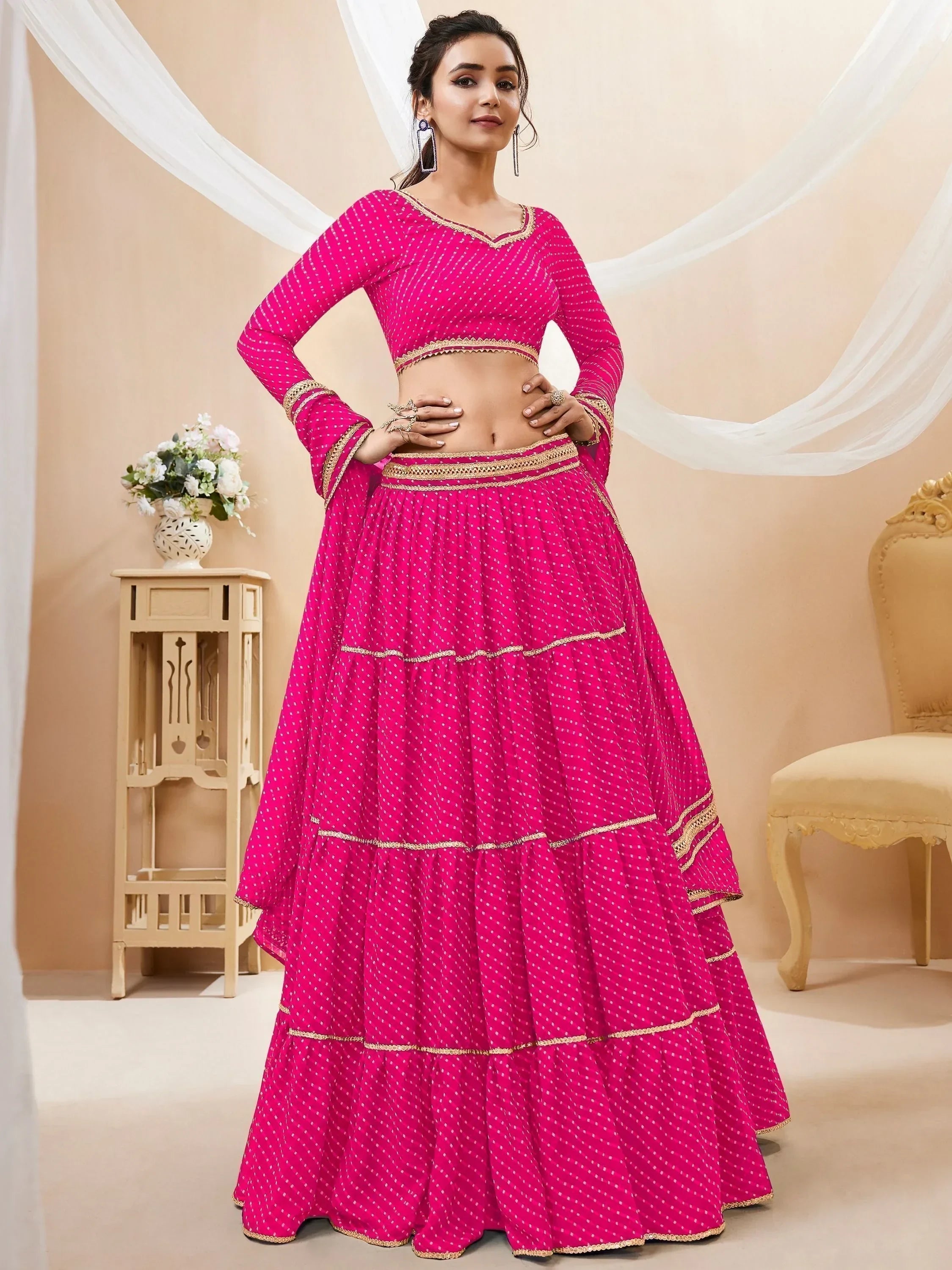 Fabulous Pink Leheriya Printed Georgette Function Wear Lehenga Choli