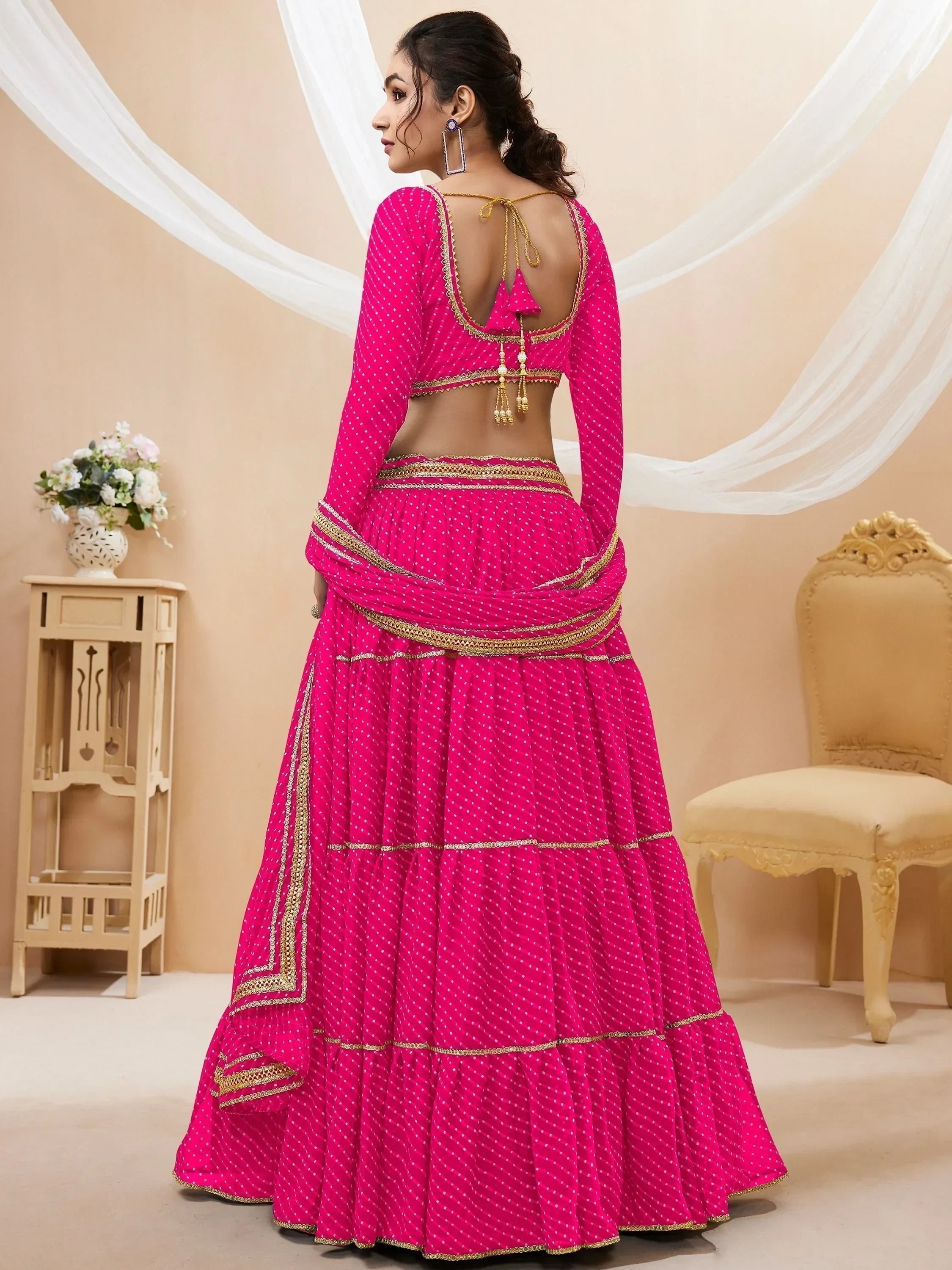 Fabulous Pink Leheriya Printed Georgette Function Wear Lehenga Choli