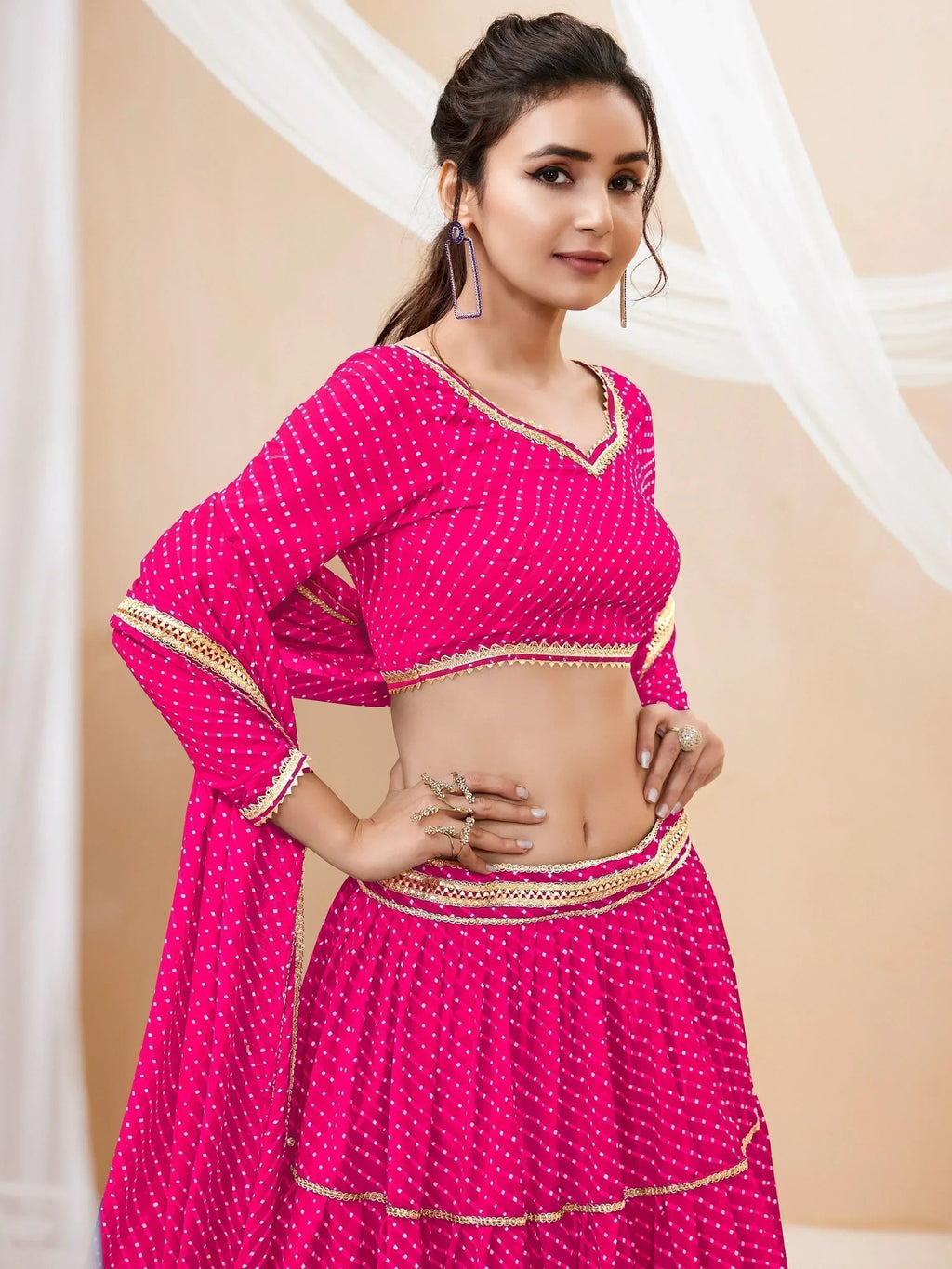 Fabulous Pink Leheriya Printed Georgette Function Wear Lehenga Choli
