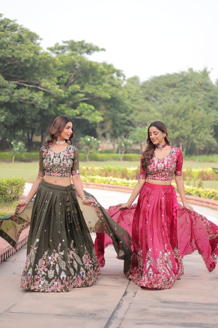 Crushed Lehenga Choli with Codding & Sequin Work for Weddings