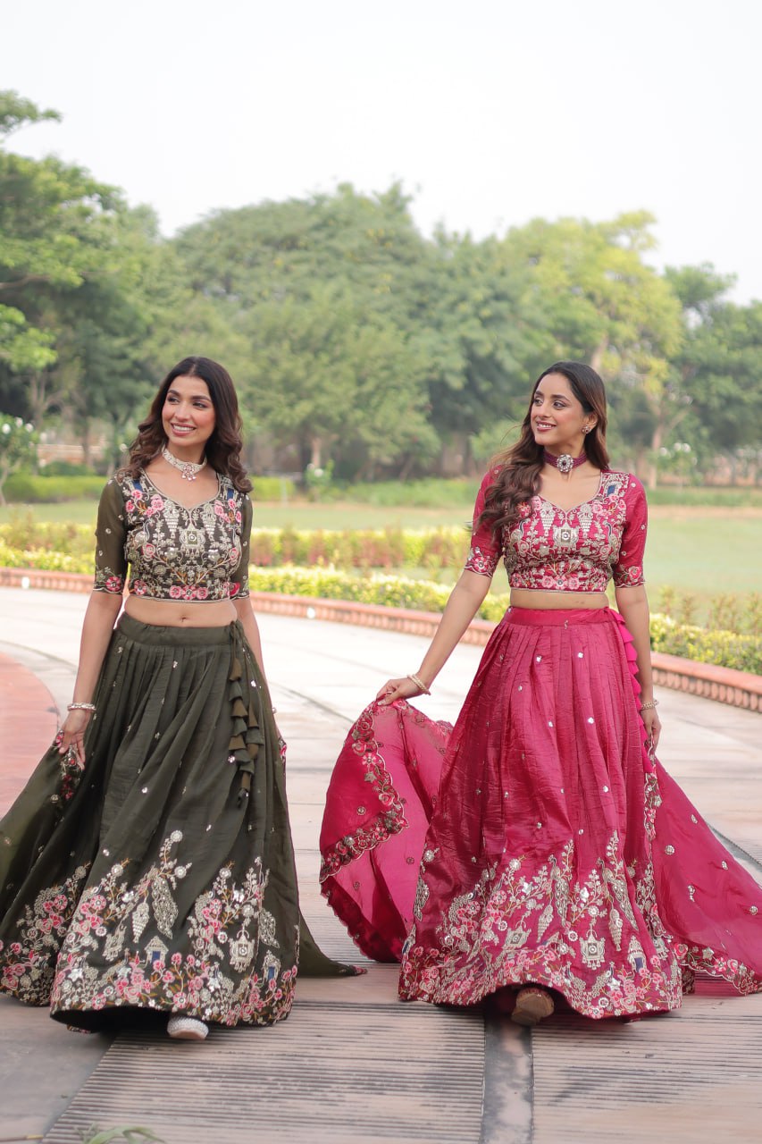 Crushed Lehenga Choli with Codding & Sequin Work for Weddings