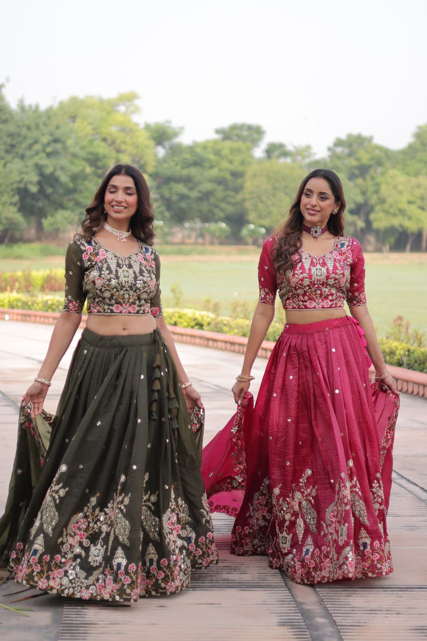 Crushed Lehenga Choli with Codding & Sequin Work for Weddings