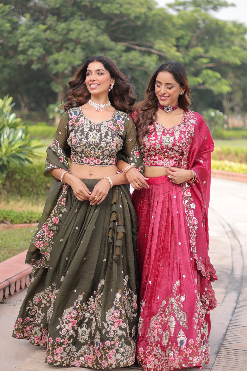 Crushed Lehenga Choli with Codding & Sequin Work for Weddings