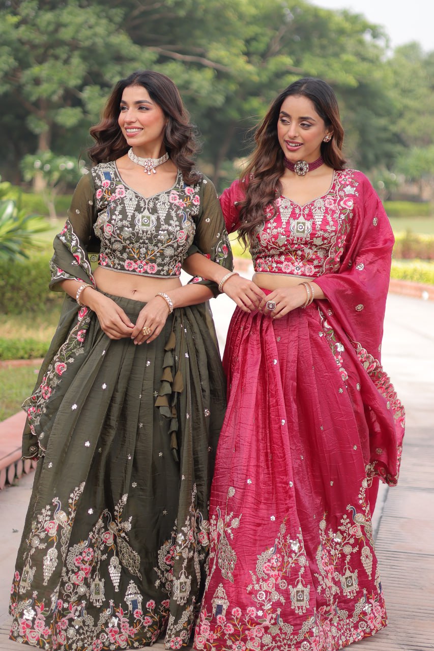Crushed Lehenga Choli with Codding & Sequin Work for Weddings