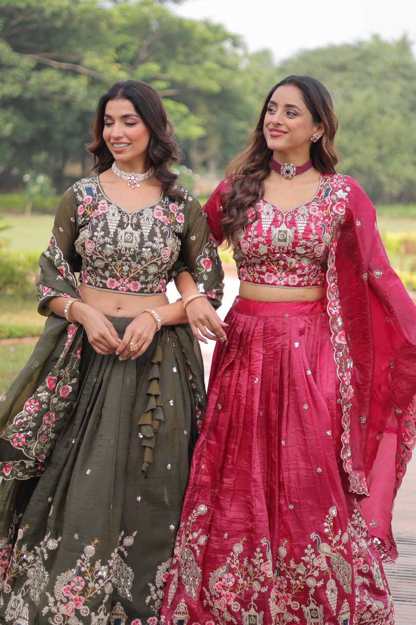 Crushed Lehenga Choli with Codding & Sequin Work for Weddings