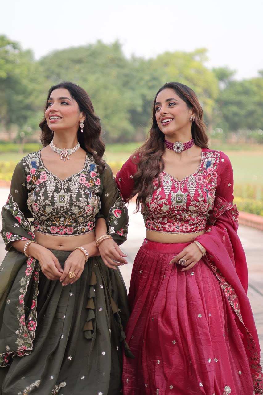 Crushed Lehenga Choli with Codding & Sequin Work for Weddings