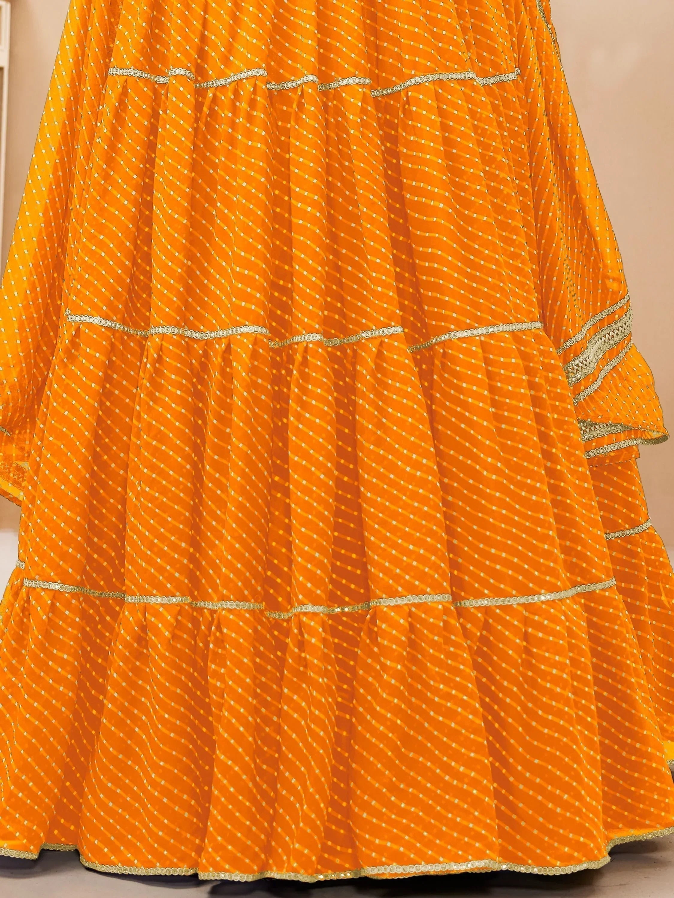 Stunning Yellow Leheriya Printed Georgette Haldi Wear Lehenga Choli