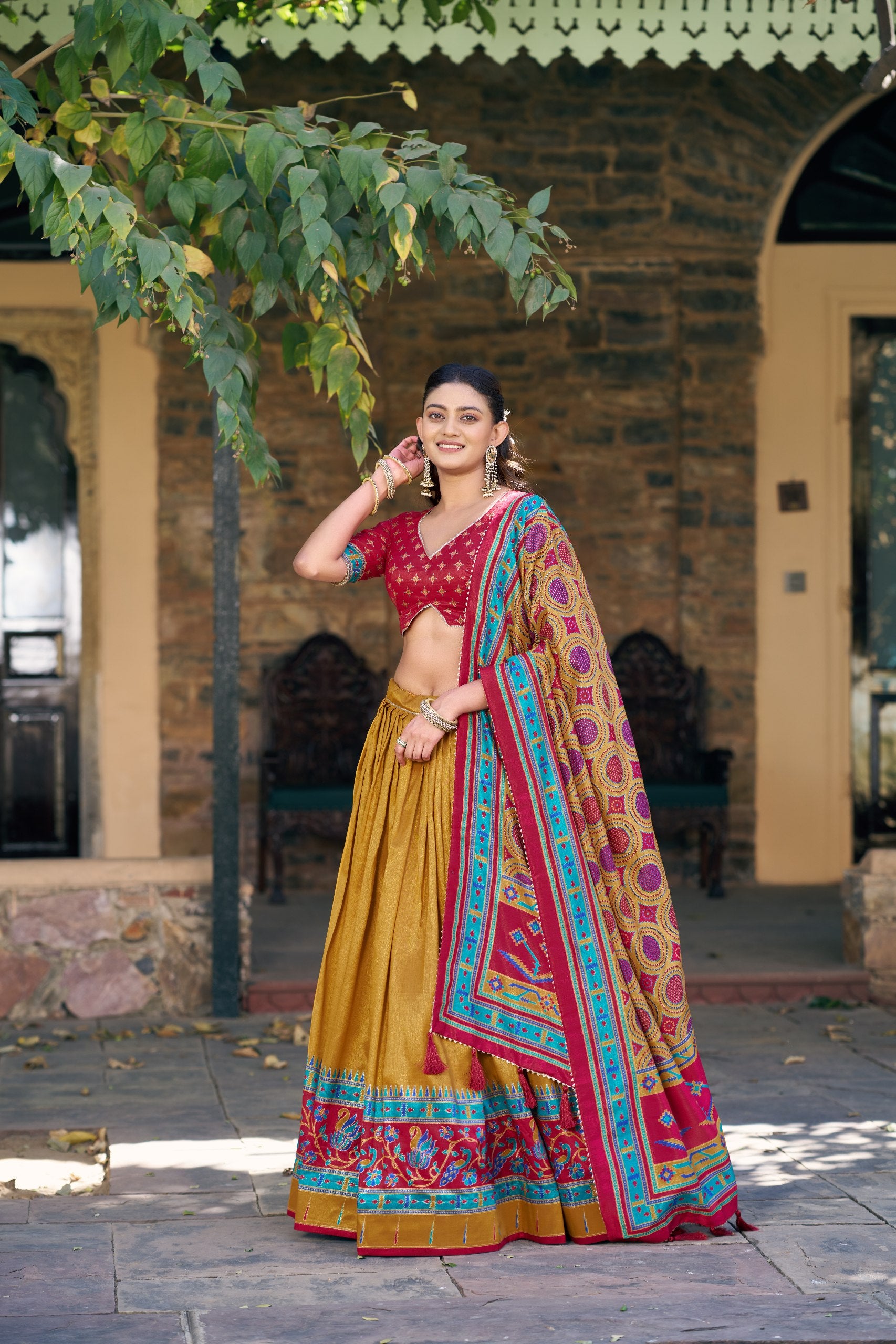 Printed Tussar Silk Lehenga Choli for Festival & Mehendi