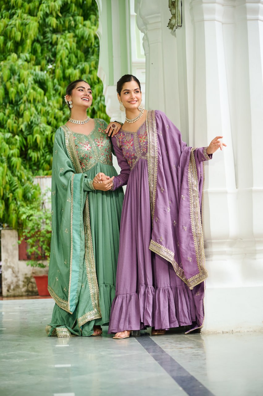 Embroidered Silk Flared Gown with Dupatta for Festivals
