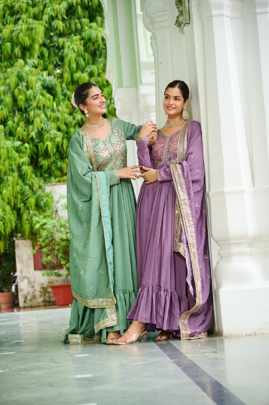Embroidered Silk Flared Gown with Dupatta for Festivals