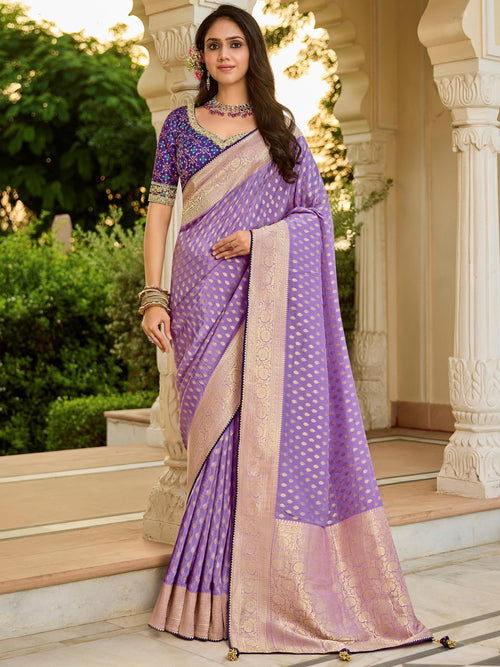 Adorable Lavender Zari Weaving Silk Wedding Wear Saree With Blouse