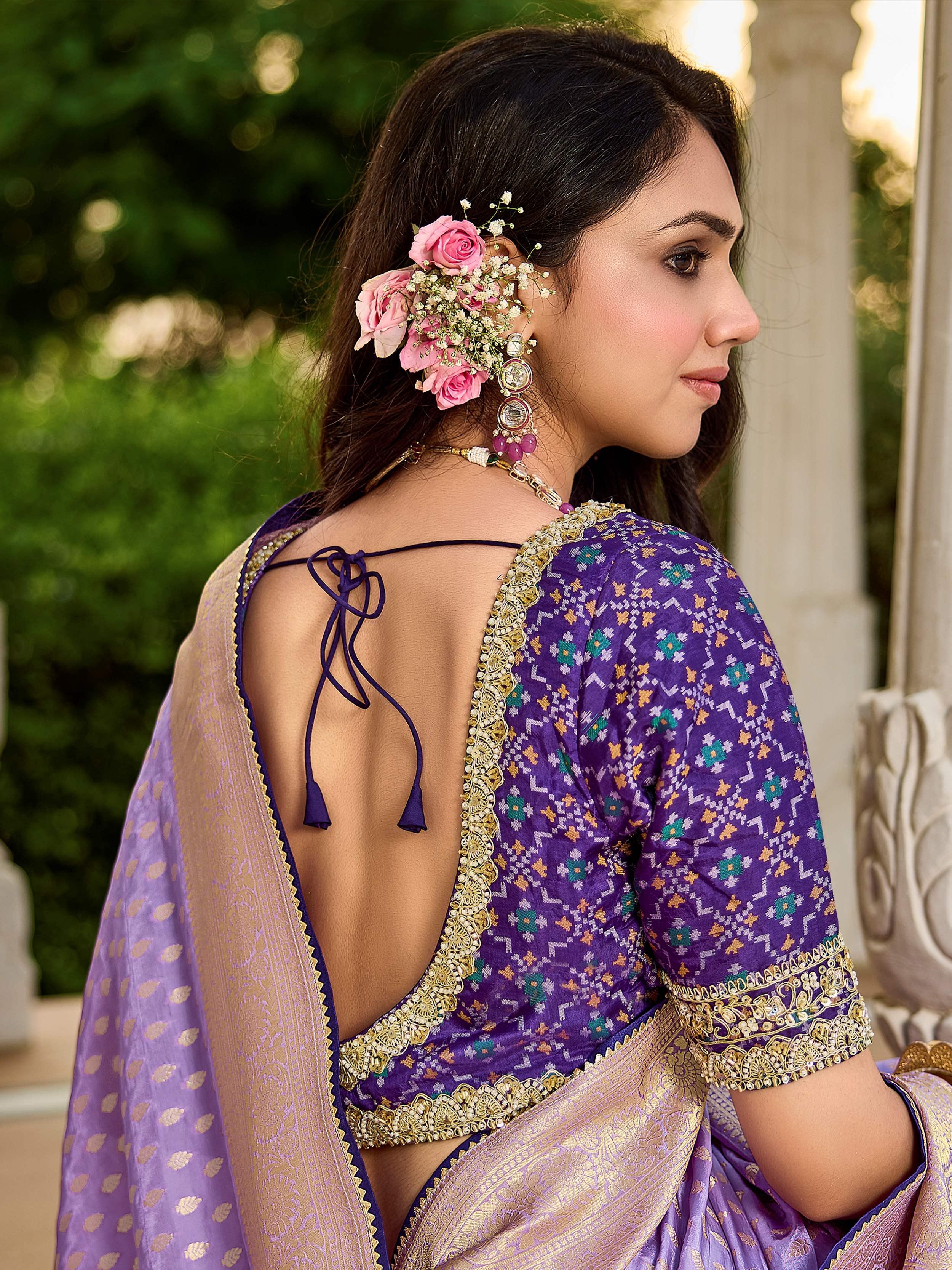 Adorable Lavender Zari Weaving Silk Wedding Wear Saree With Blouse